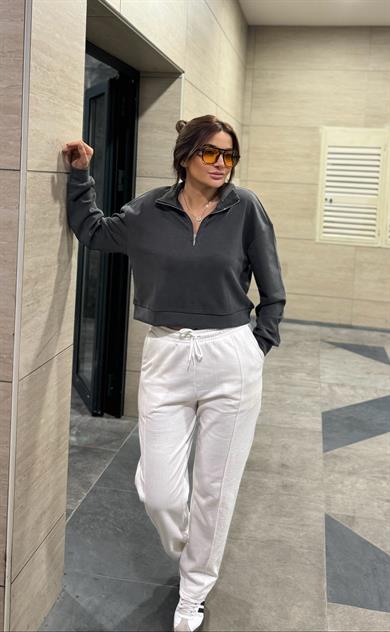 Yarım Fermuarlı Sweatshirt Uzun Kol -Antrasit