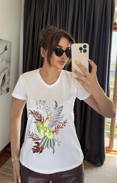 Beyaz Yeni Sezon %100 Pamuk T-shirt-Kuş Işlemeli