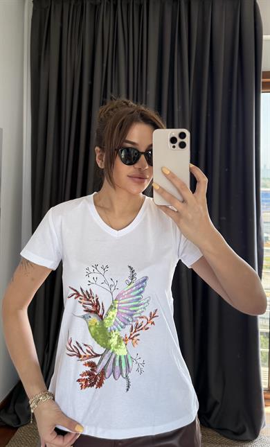 Beyaz Yeni Sezon %100 Pamuk T-shirt-Kuş Işlemeli