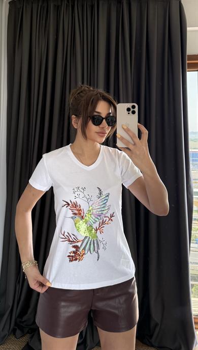 Beyaz Yeni Sezon %100 Pamuk T-shirt-Kuş Işlemeli