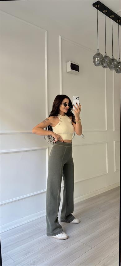 Yeşil Dikişli Geniş Paça Çelik Triko Pantolon