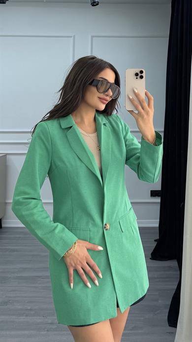 Yeşil Düğmeli Keten Blazer Ceket