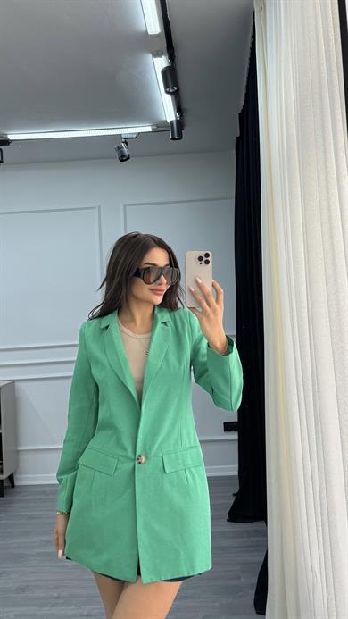 Yeşil Düğmeli Keten Blazer Ceket