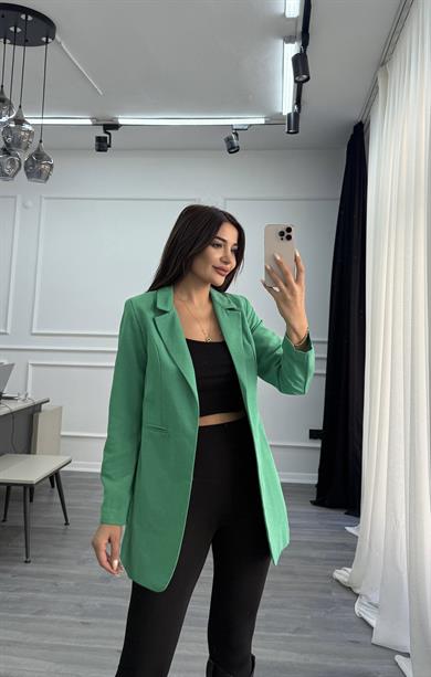 Yeşil Düğmesiz Keten Blazer Ceket