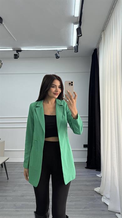Yeşil Düğmesiz Keten Blazer Ceket