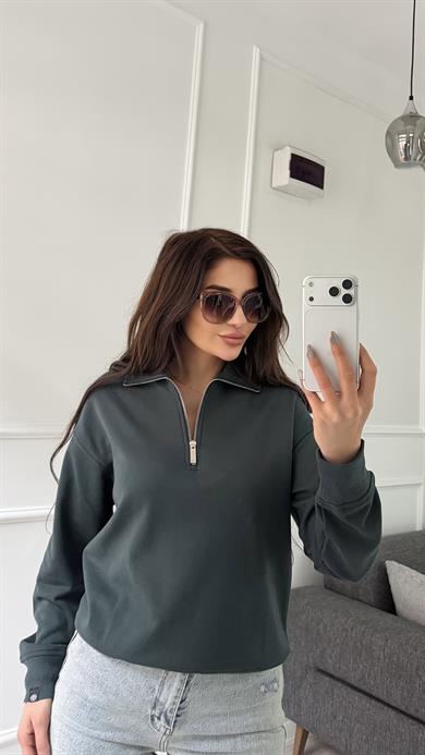 Yeşil Yarım Fermuarlı Yaka Swatshirt