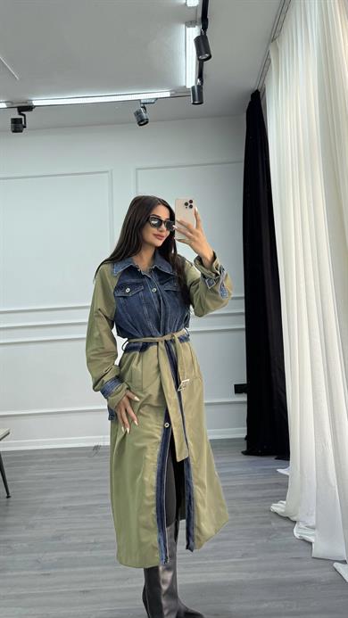 Yeşil Uzun Denim Detaylı Kuşaklı Trençkot