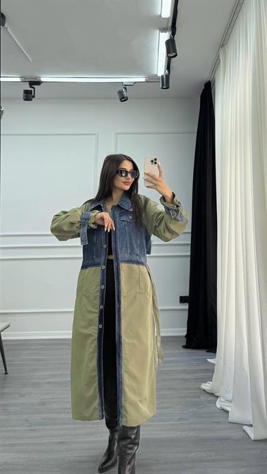 Yeşil Uzun Denim Detaylı Kuşaklı Trençkot