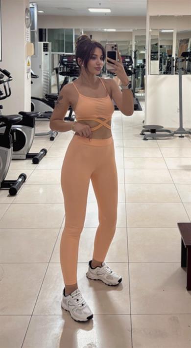 Yüksek bel egzersiz yoga alt -üst takım tayt-Şeftali