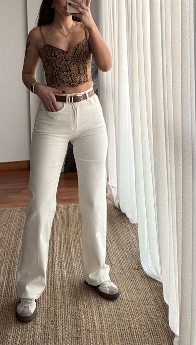 Yüksek Bel Toparlayıcı Esnek Bol Paça Kot Pantolon Jean-Beyaz