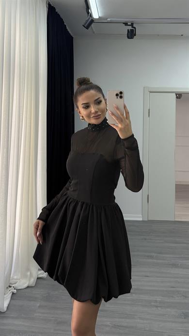 Yüksek yaka Transparan Kısa Elbise