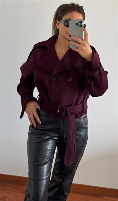 Yumuşak Dokulu Kısa Oversize Kaşe Kaban-Bordo