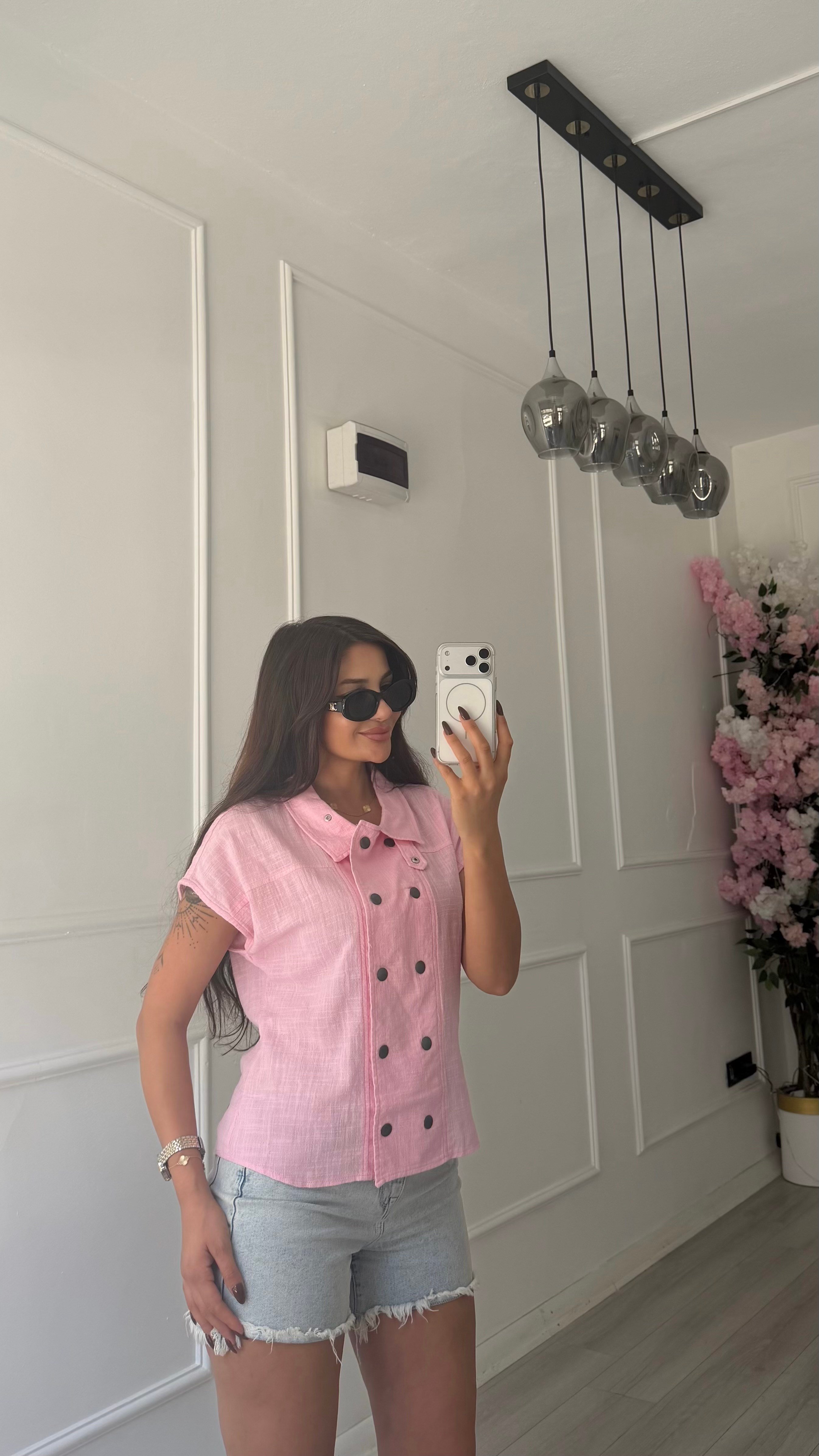    Pembe Çift Çıtçıtlı Dik Yaka Keten Gömlek