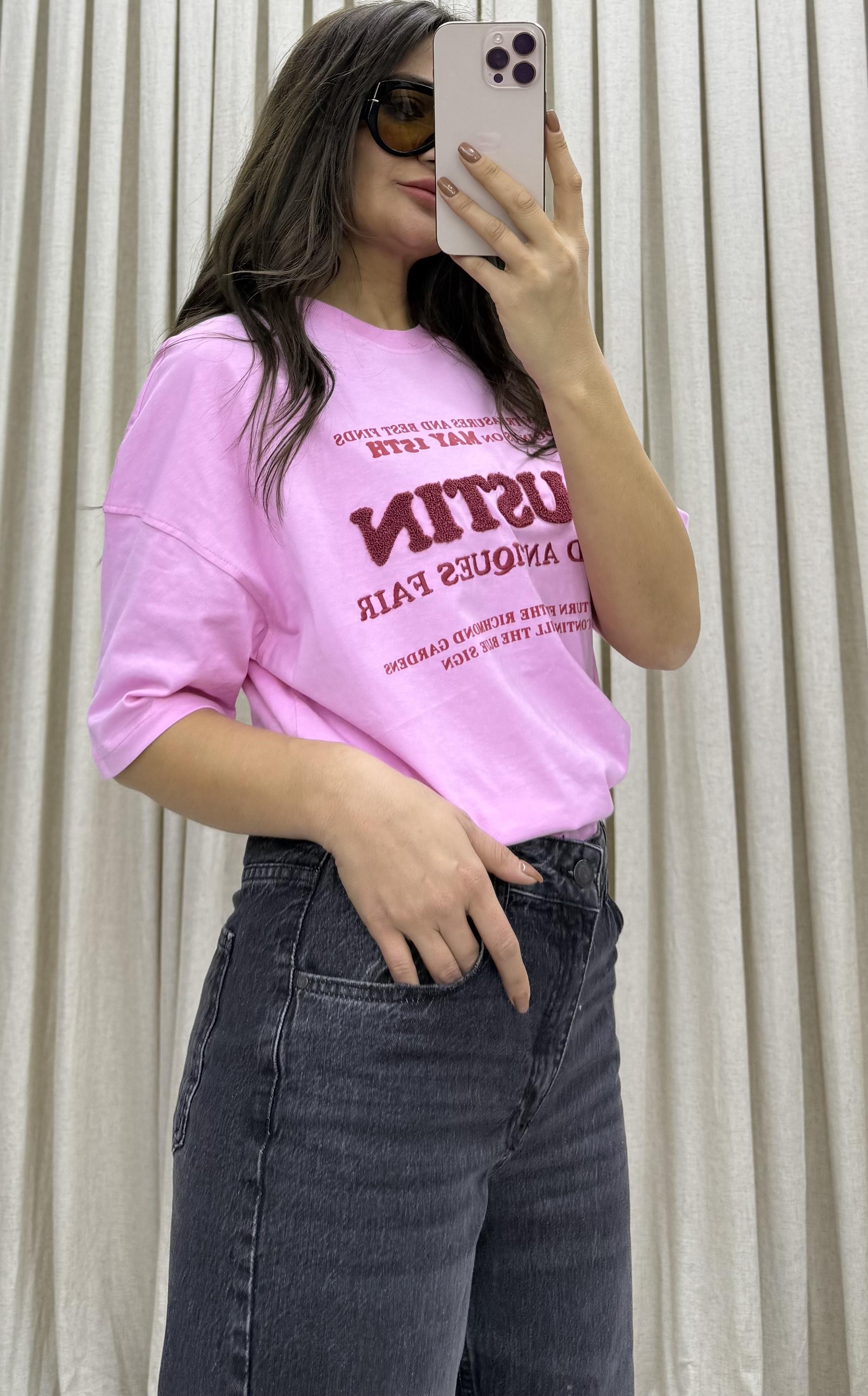 %100 Organik Pamuklu Nakış Işlemeli Ve Kabartmalı Baskılı Oversize Pembe T-shirt