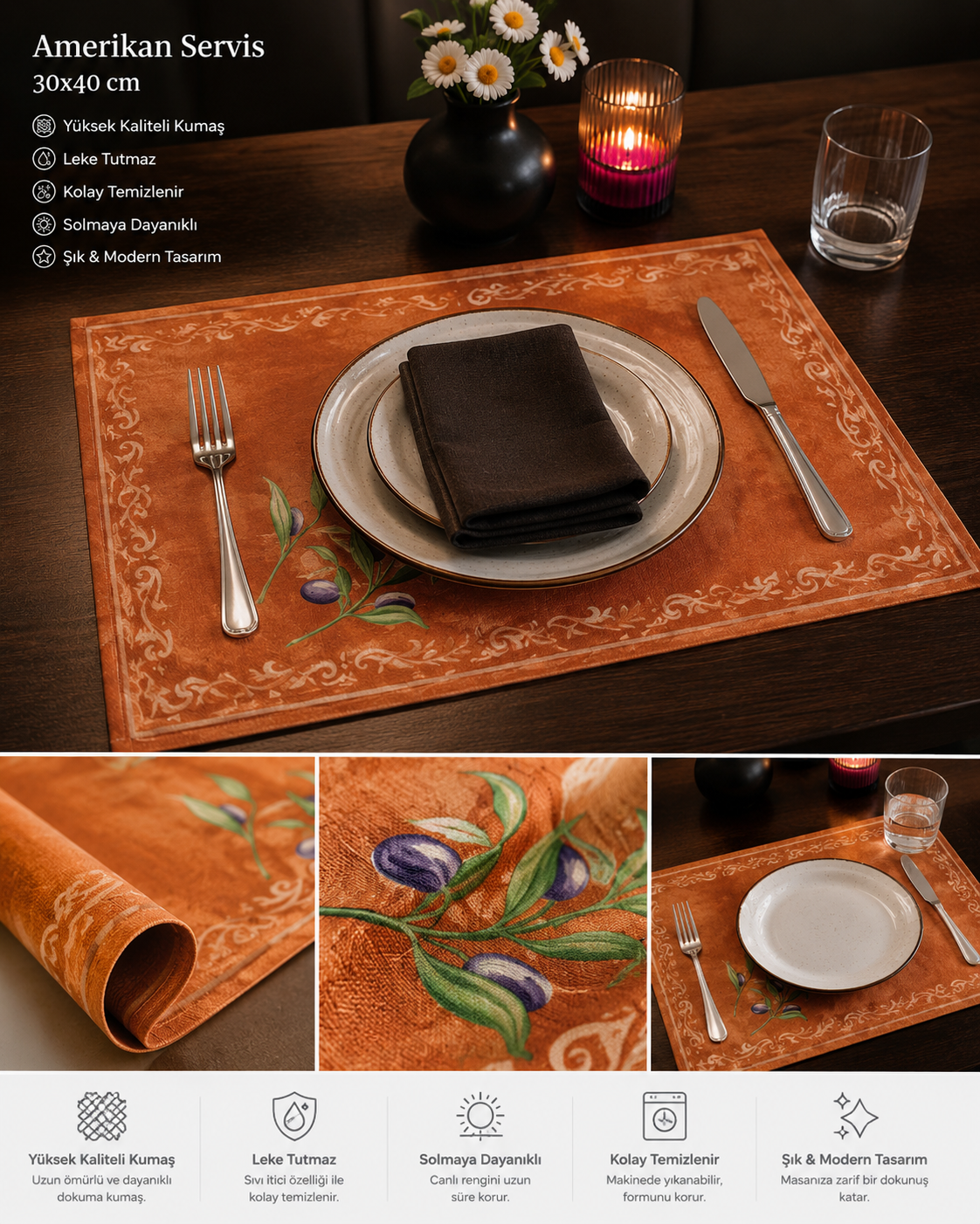 12'li Amerikan Servis Yıkanabilir Kumaş Sofra Servis 30*40 Cm  TURUNCU EBRU DESENLİ