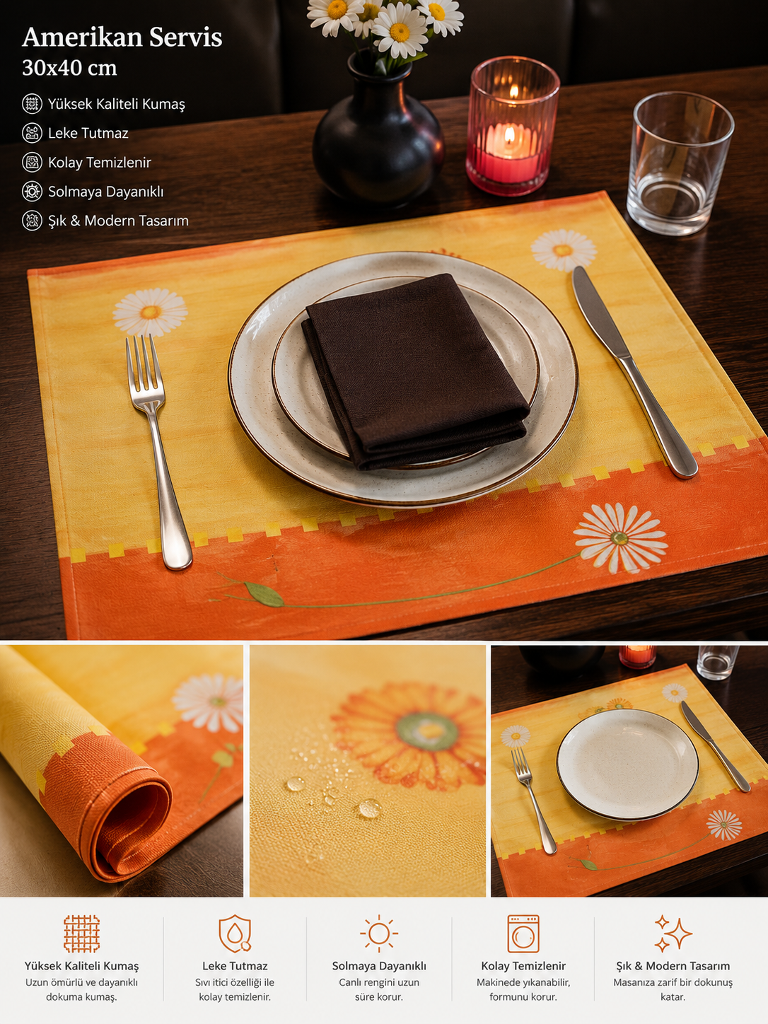 12'li Amerikan Servis Yıkanabilir Kumaş Sofra Servis 30*40 Cm  PAPATYA TEMALI