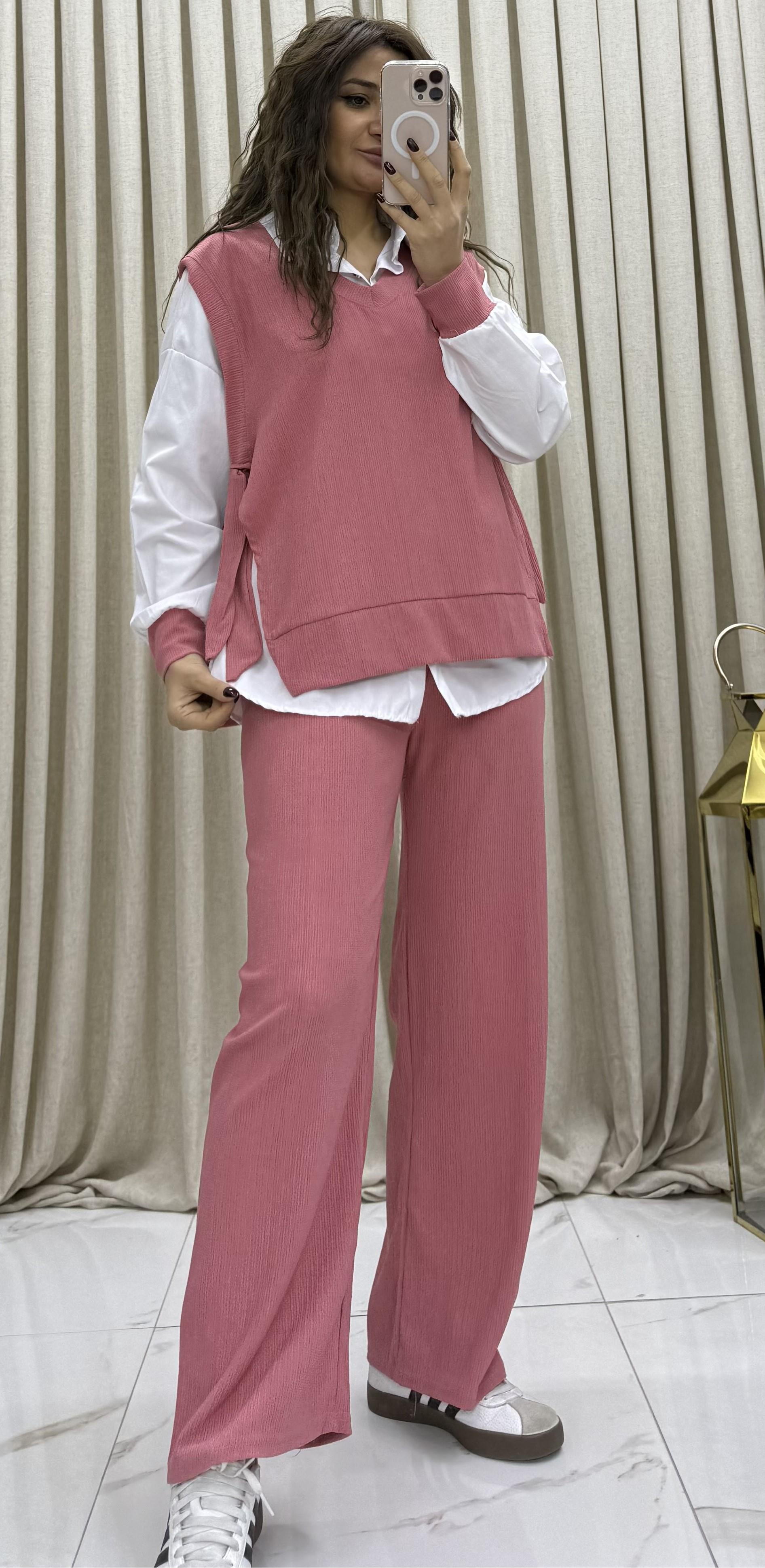 3'lü Relax Fit Rahat Kalıp Basic Düz Casual  3'lü Pantolon Takım-pudra