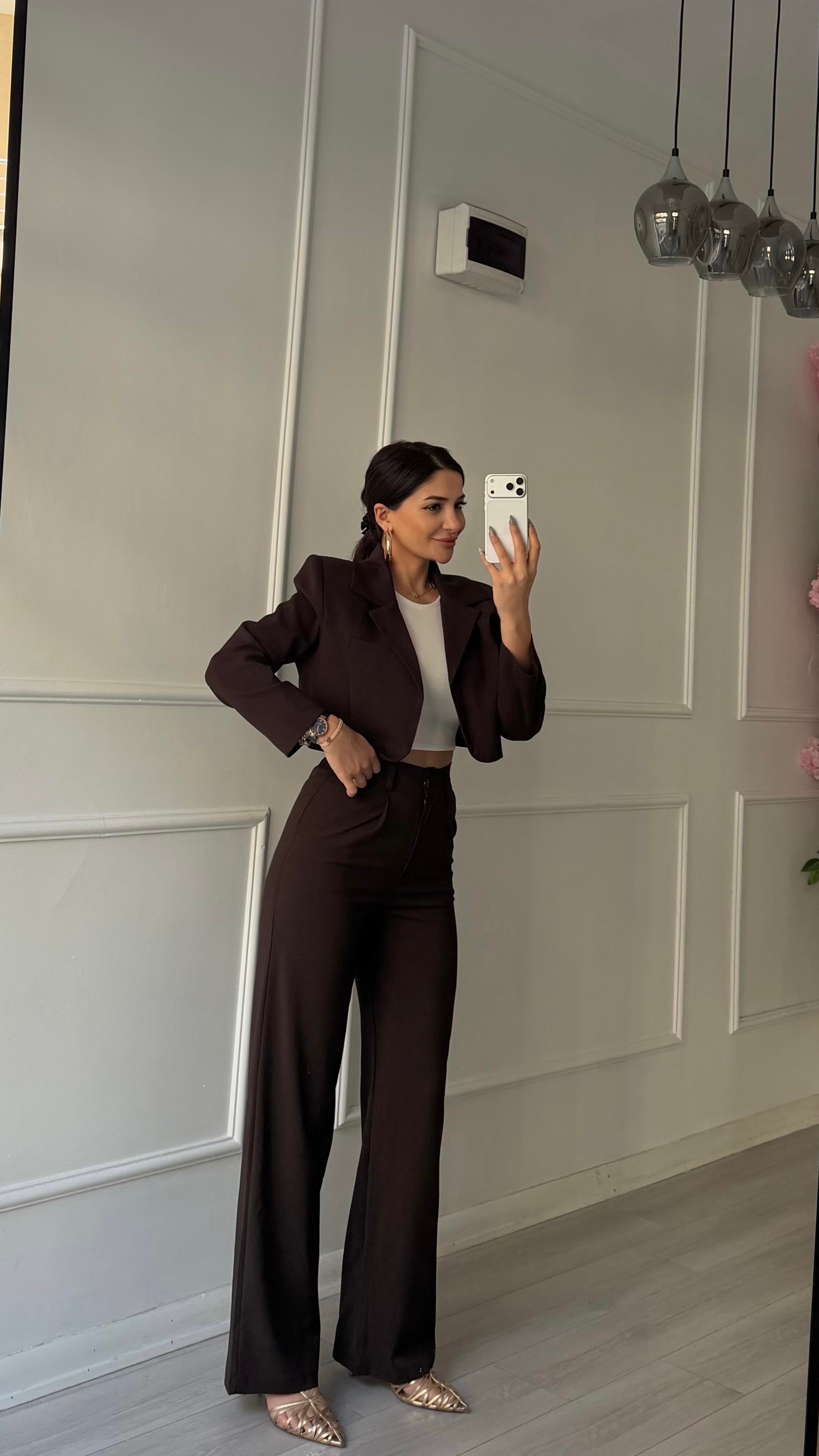 Acı Kahve 2'li  Yüksek Bel Ceket Pantolon Takım-