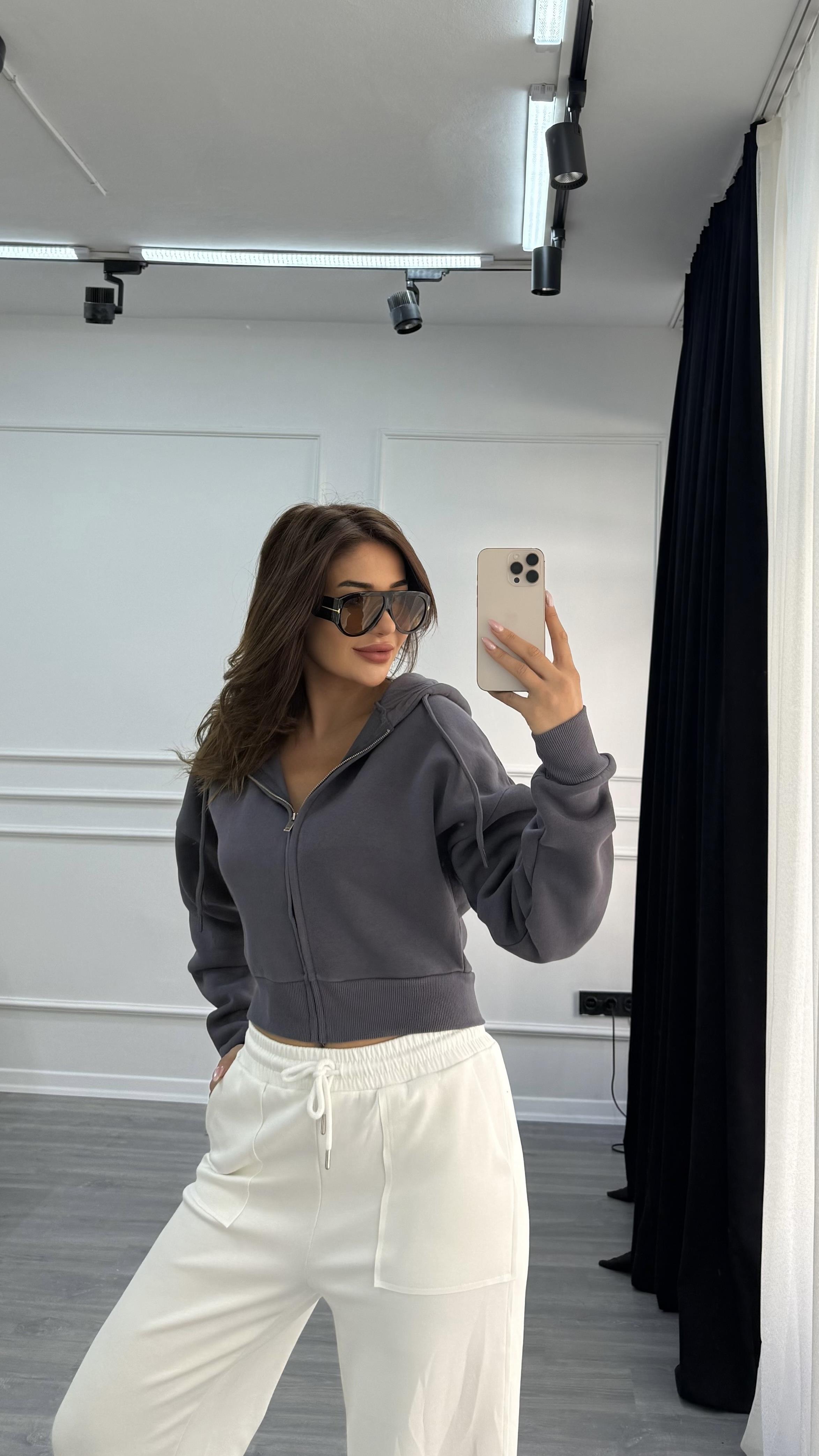 Antrasit Basic Fermuarlı Kapüşonlu Crop Kalın İçi Polarlı Örme Sweatshirt