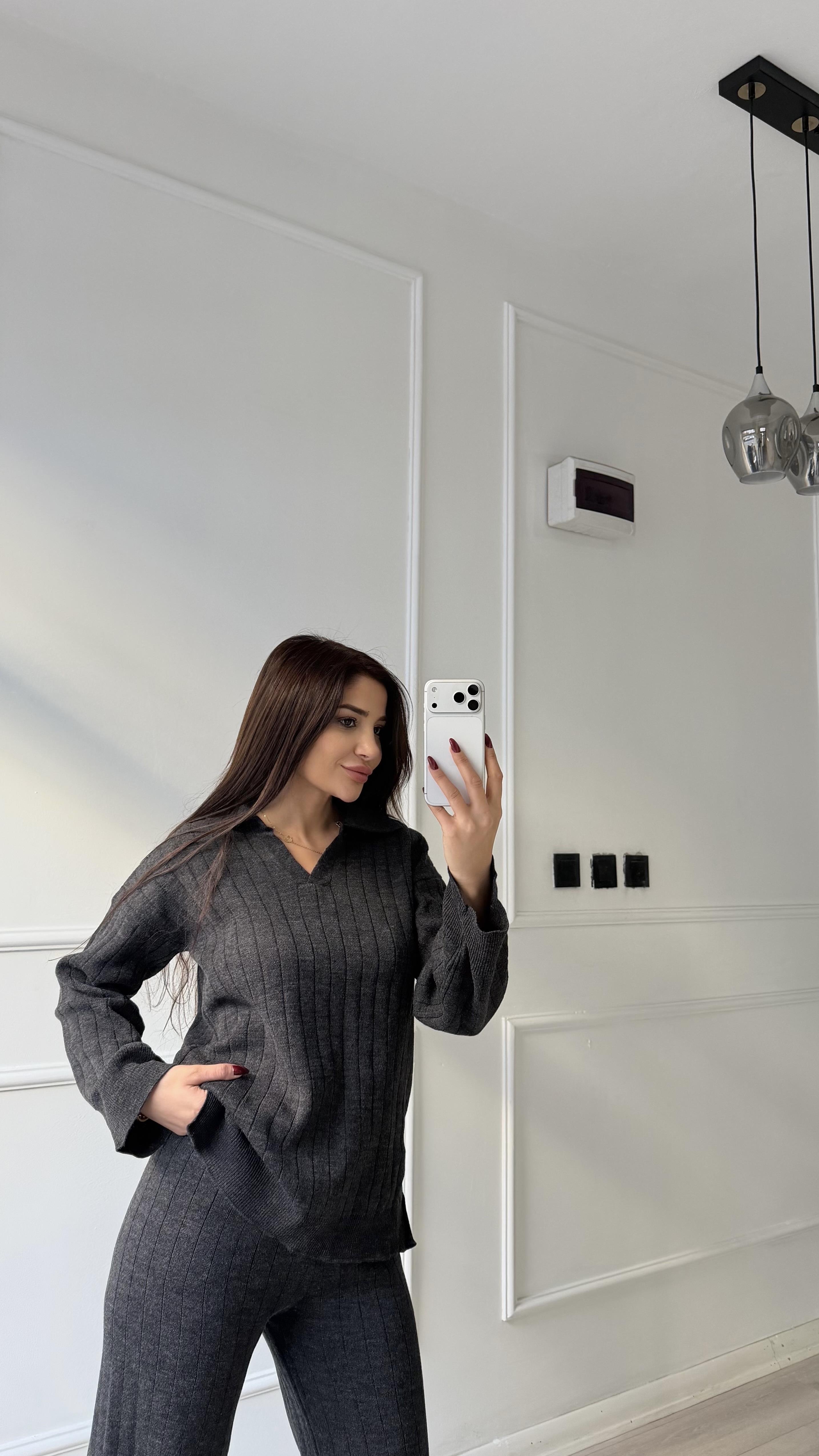 Antrasit Yumuşak Dokulu Polo Yaka Triko Pantolon Takım