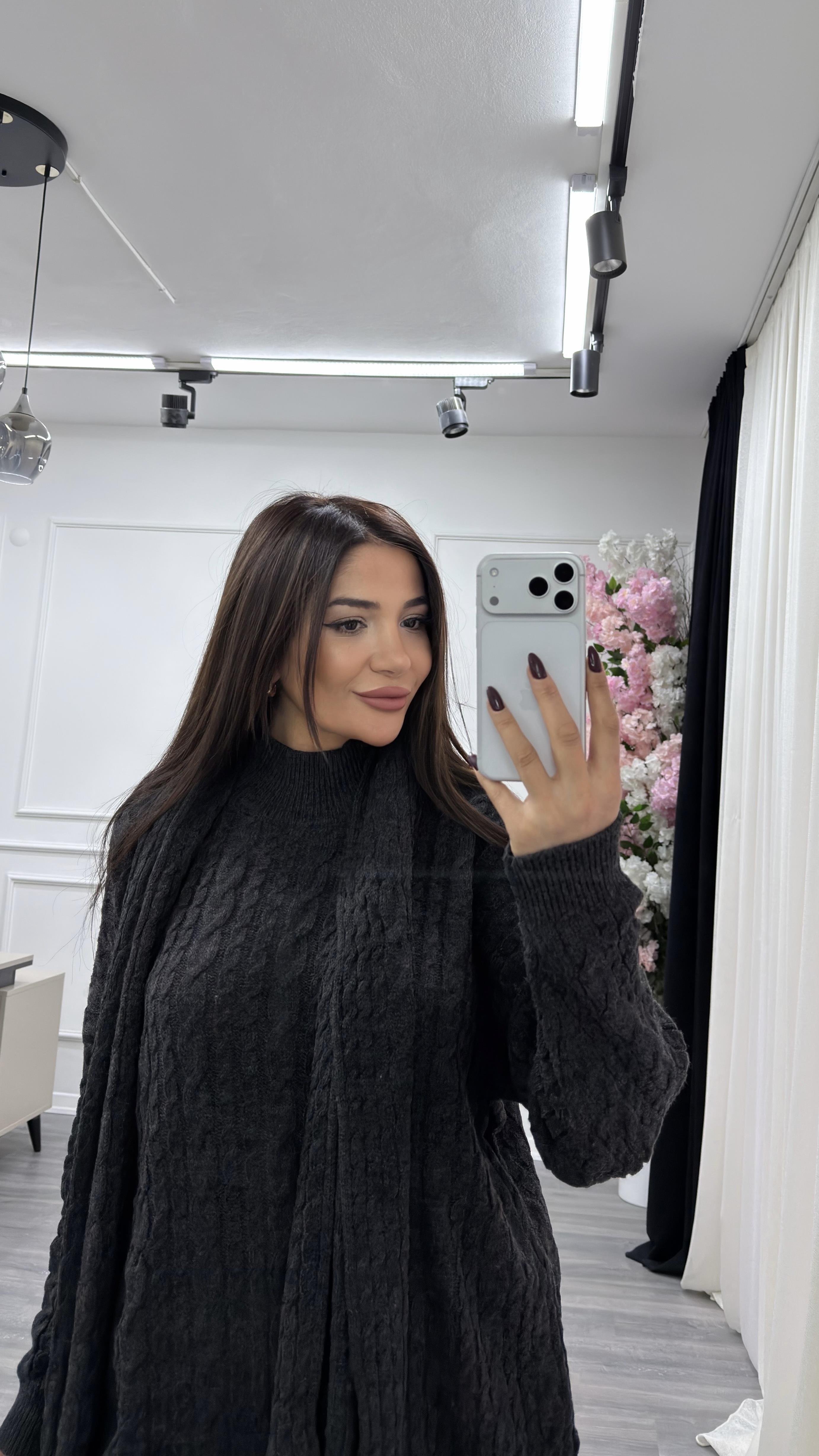 Atkılı Saç Örgü 3'lü Triko Takım- Antrasit