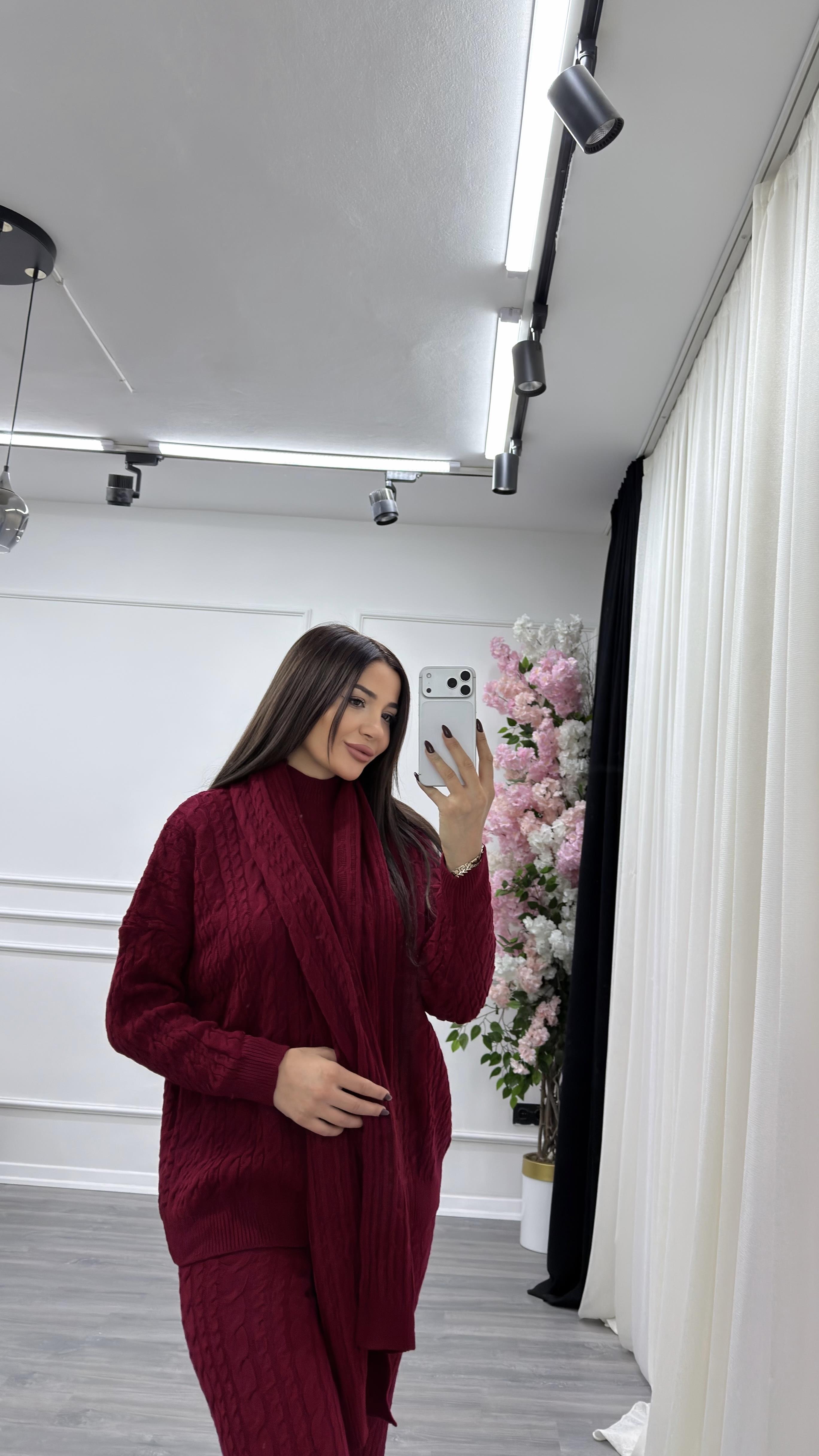 Atkılı Saç Örgü 3'lü Triko Takım- bordo