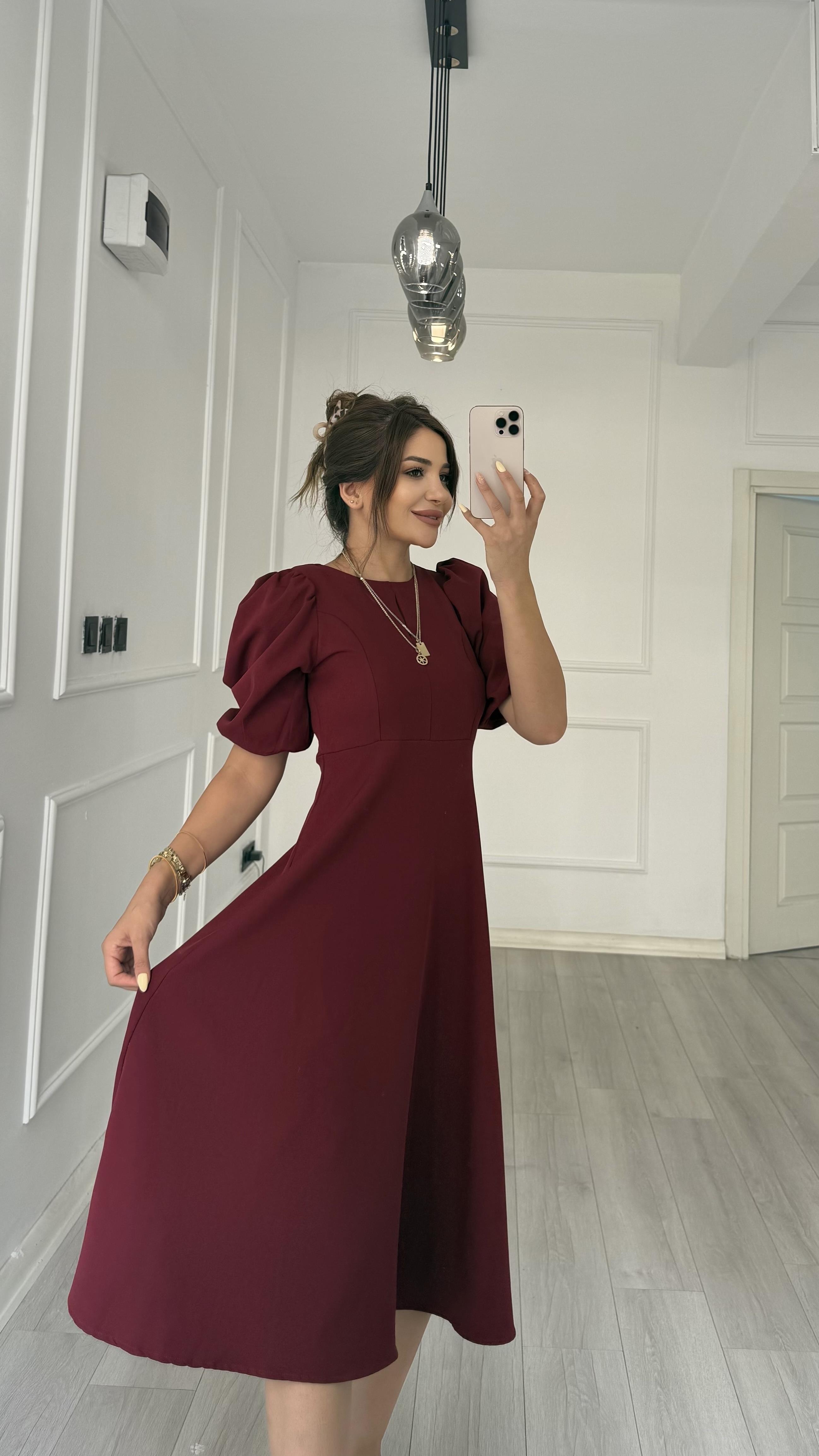 Balon Kol  Volanlı Atlas Kumaş Elbise-Bordo
