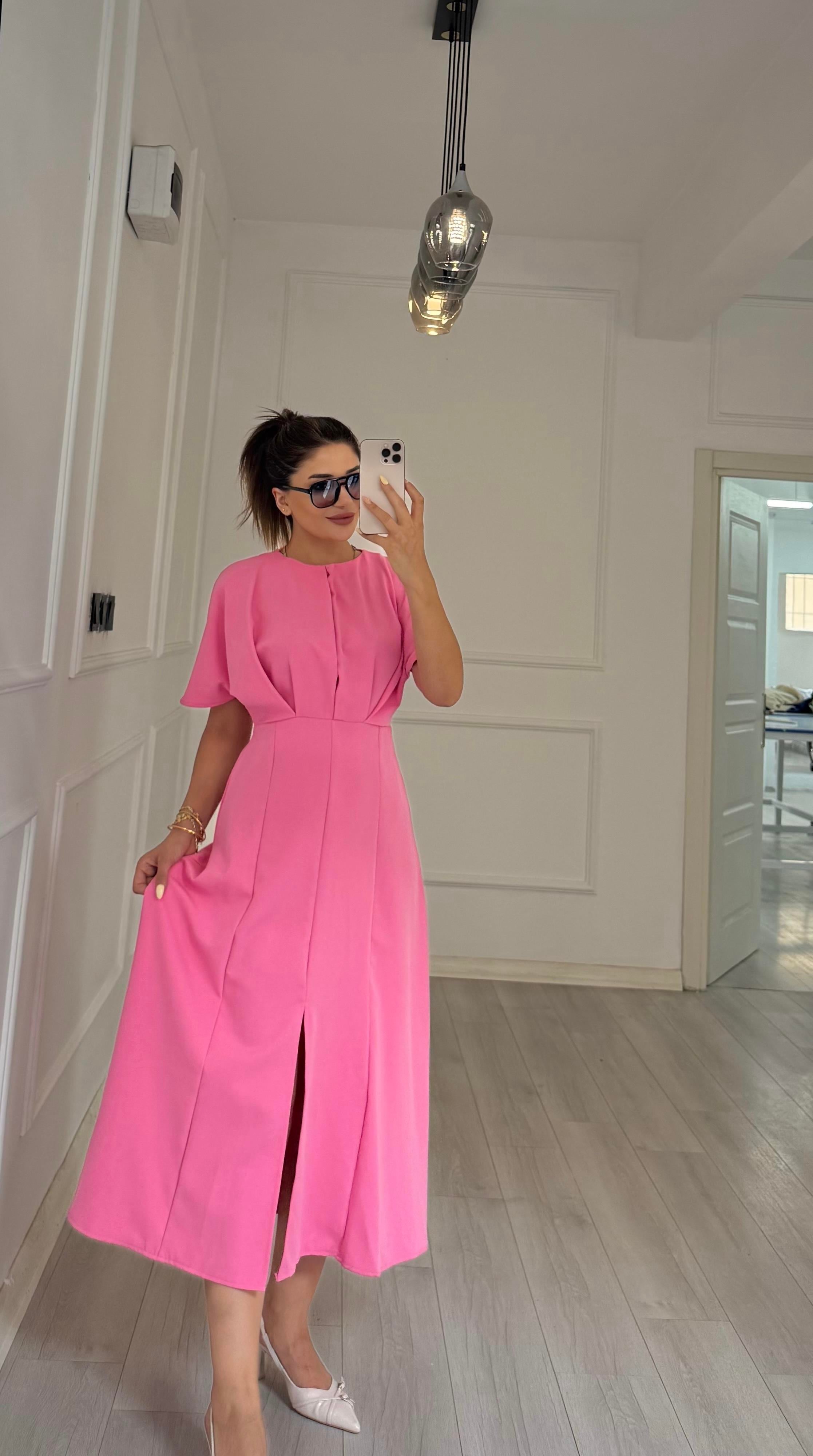 Balon Kol  Volanlı Atlas Kumaş Elbise-pembe