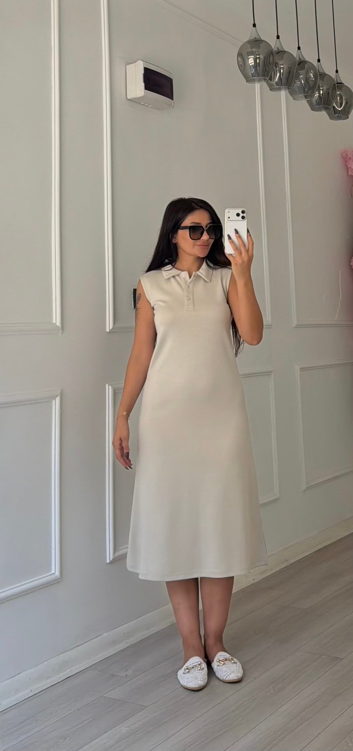 Bej Polo Yaka Sıfır Kol Uzun Elbise