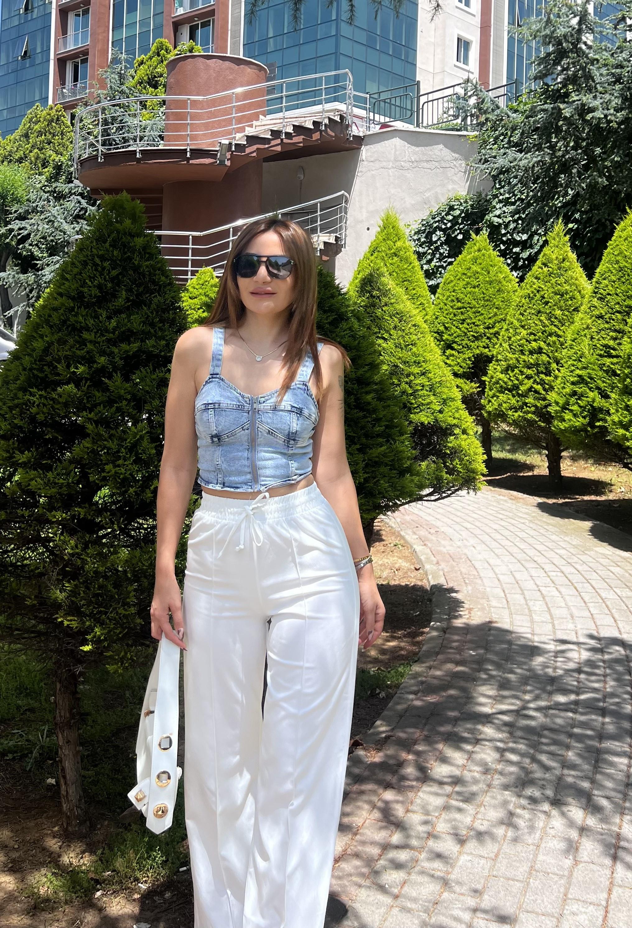 BELİ LASTİKLİ  POLİVİSKON PANTOLON -BEYAZ