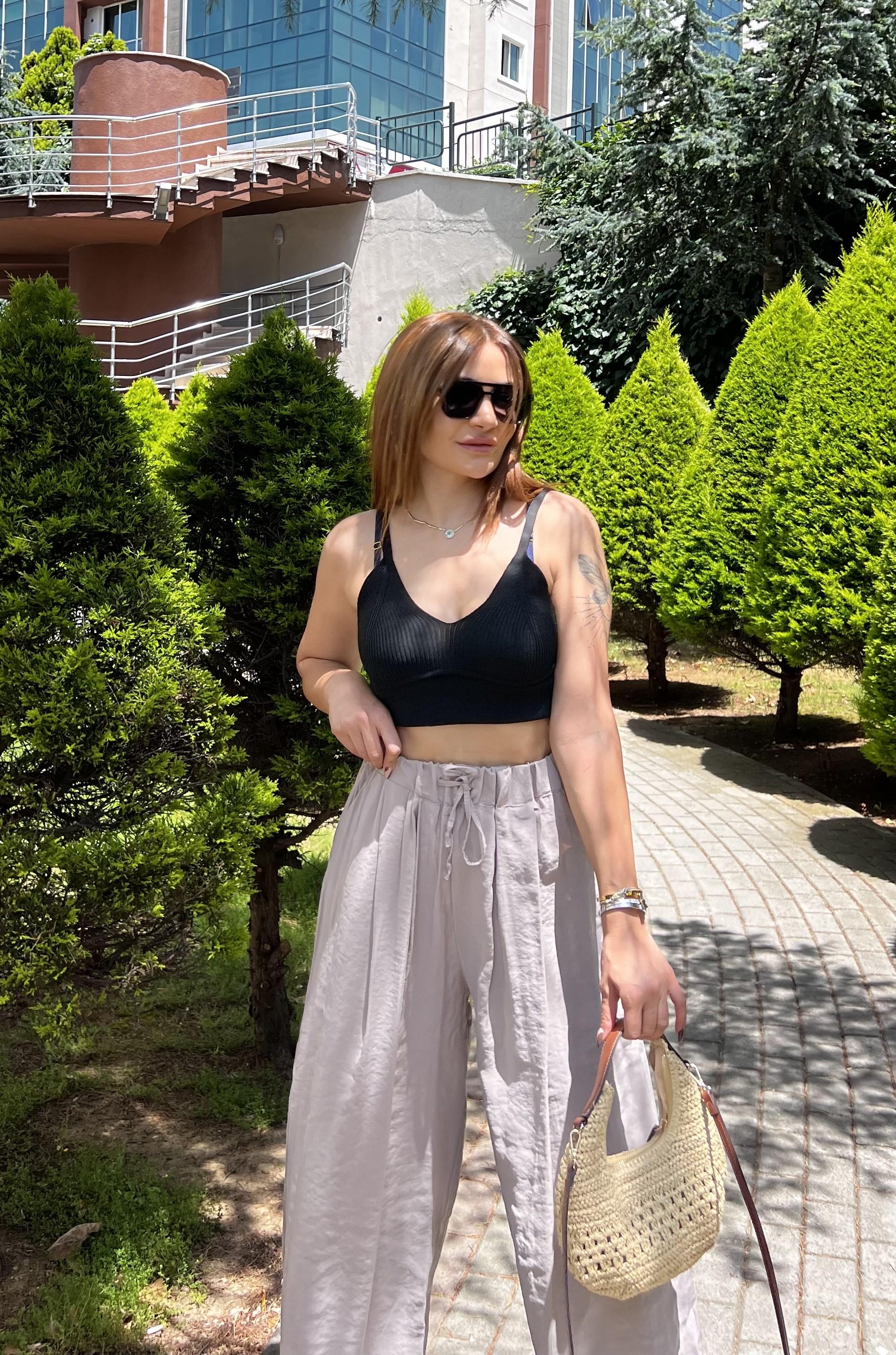 Beli Lastikli Tensel Kumaş Salaş Pantolon-Taş