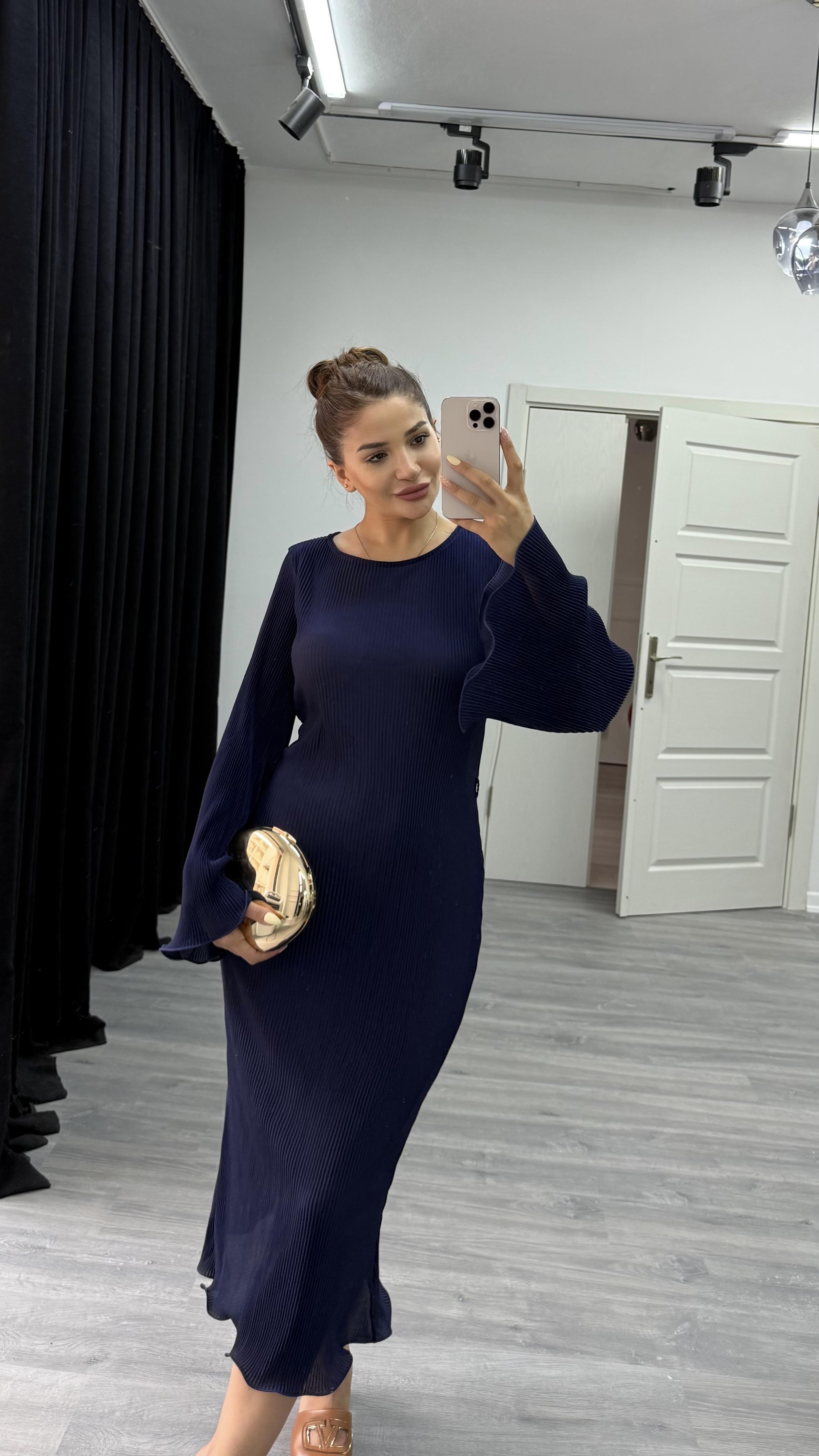 Bisiklet Yaka Fittili Esnek Standart Elbise-Lacivert
