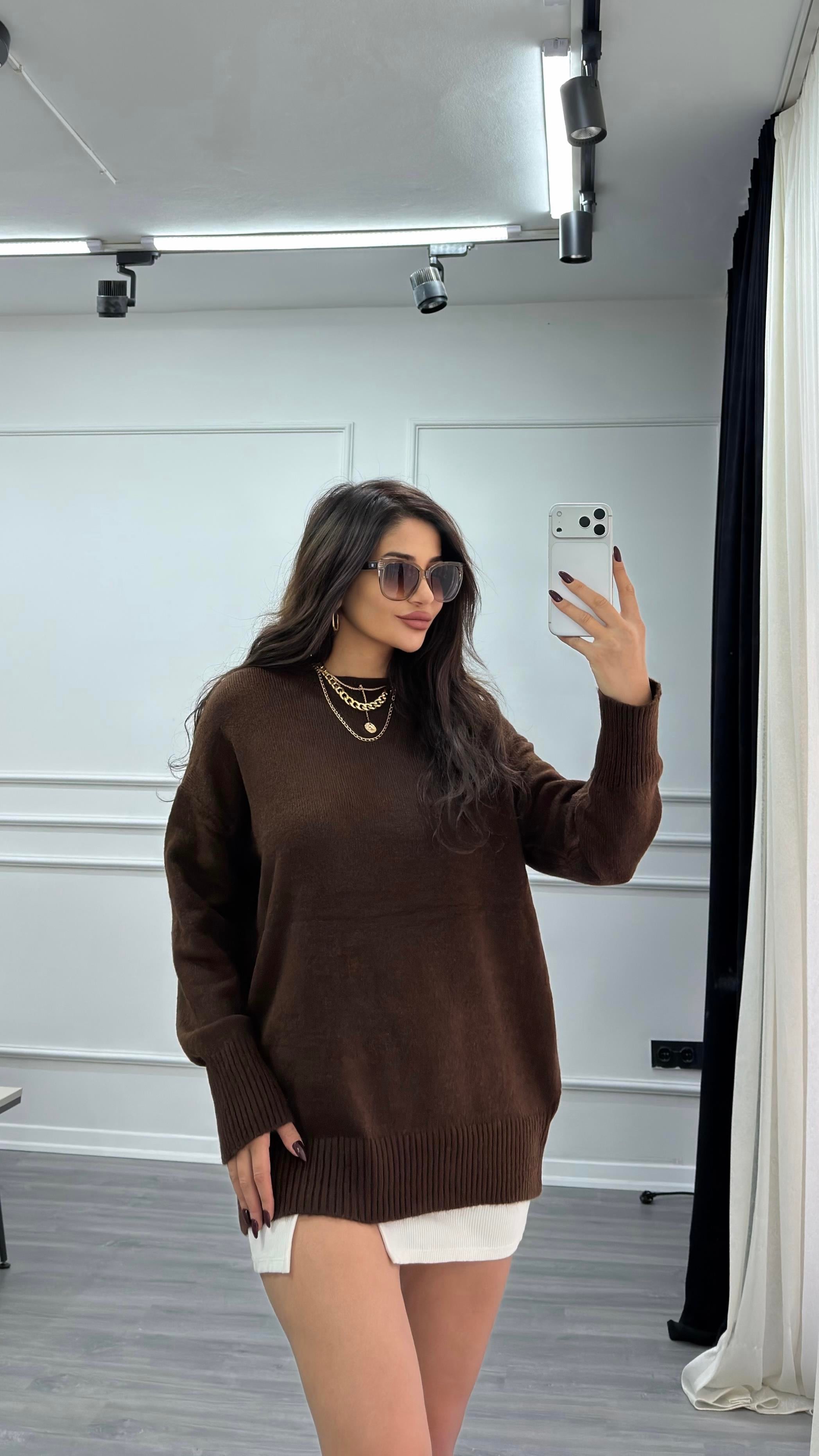Bisiklet Yaka Oversize Kazak Acı Kahve