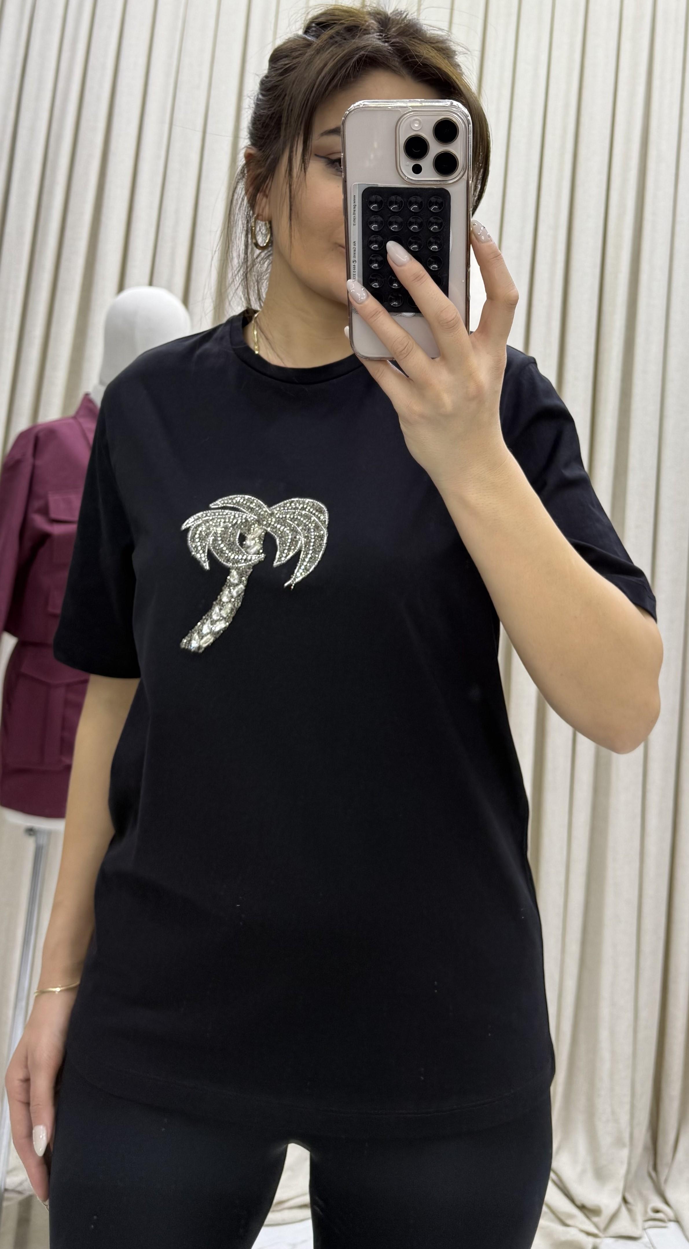 Bisiklet yaka, palmiye taş işlemeli t-shirt-Siyah