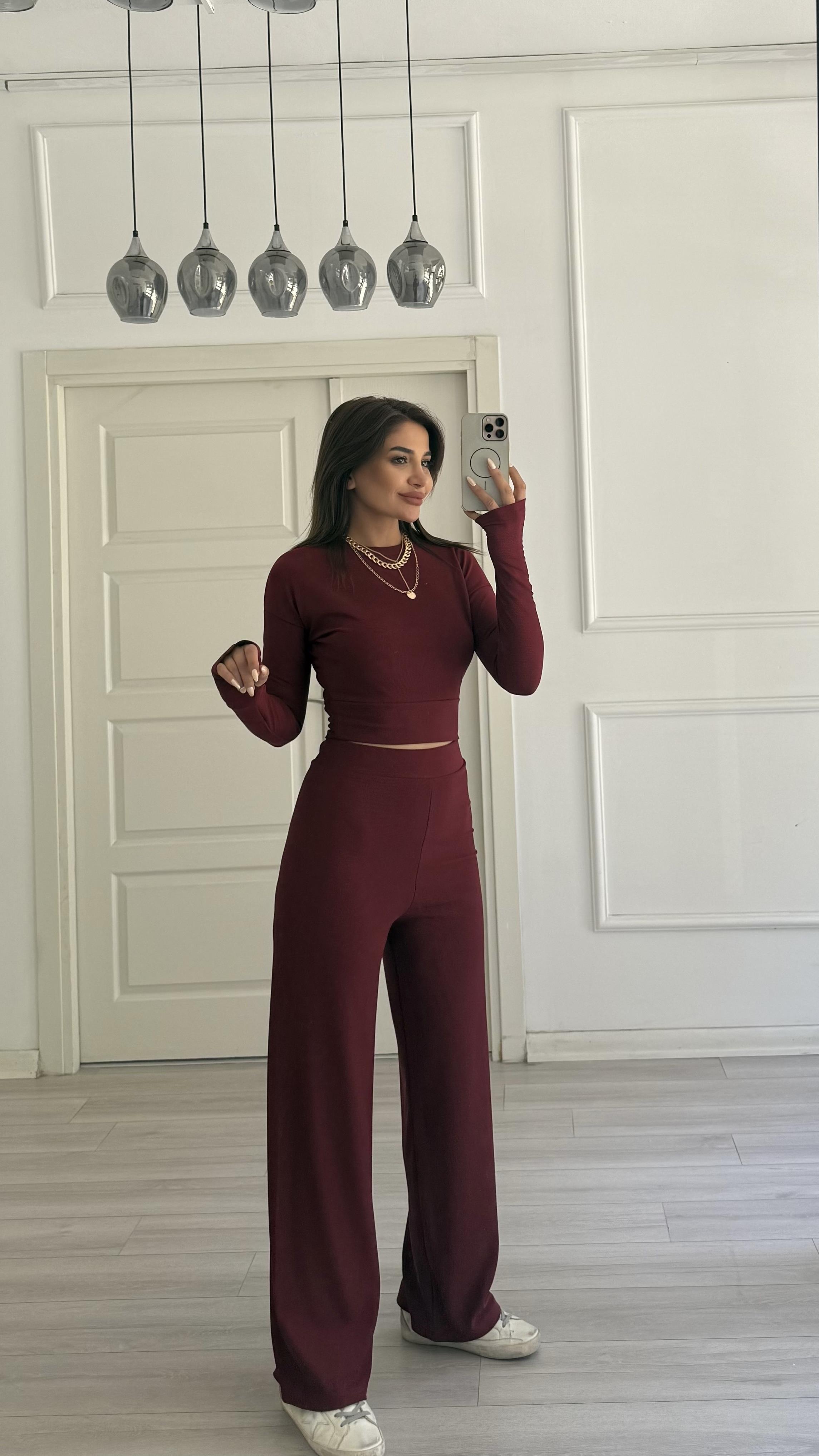 Bordo Dokuma Kumaş Parmak Geçmeli Takım