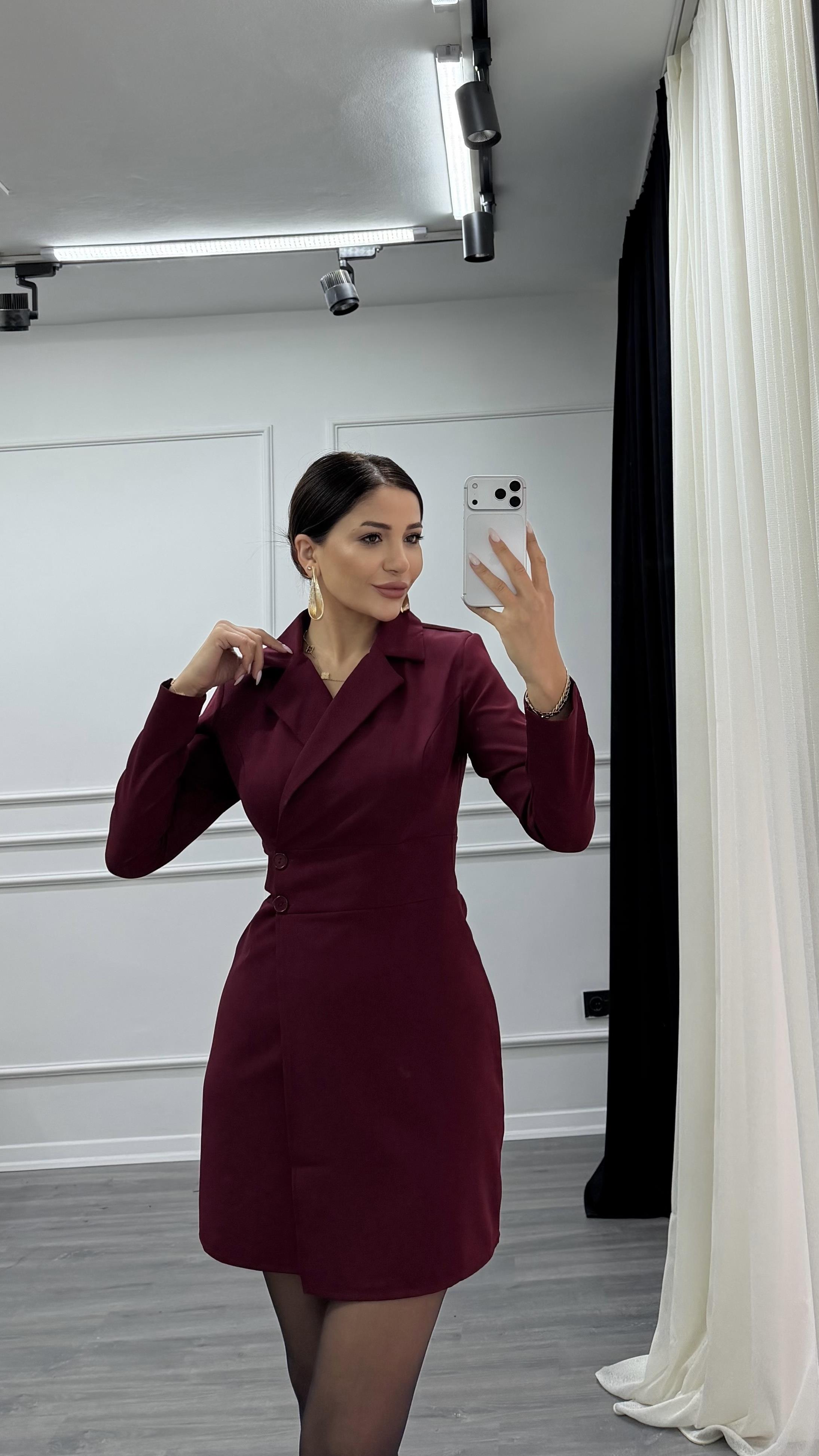 Bordo Düğme Detaylı Kısa Boy Dokuma Ceket Elbise