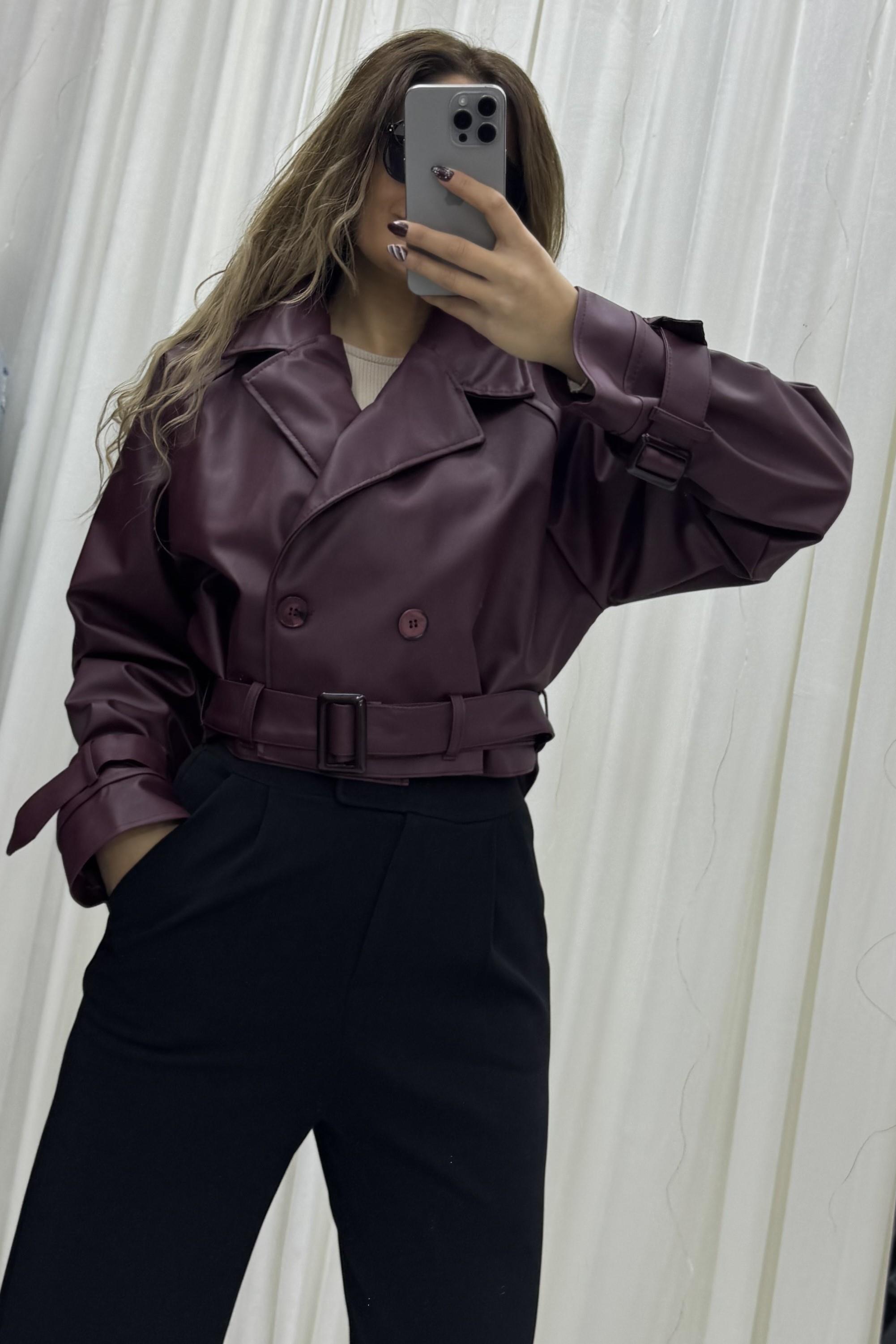 Bordo Kuşaklı Crop Deri Ceket