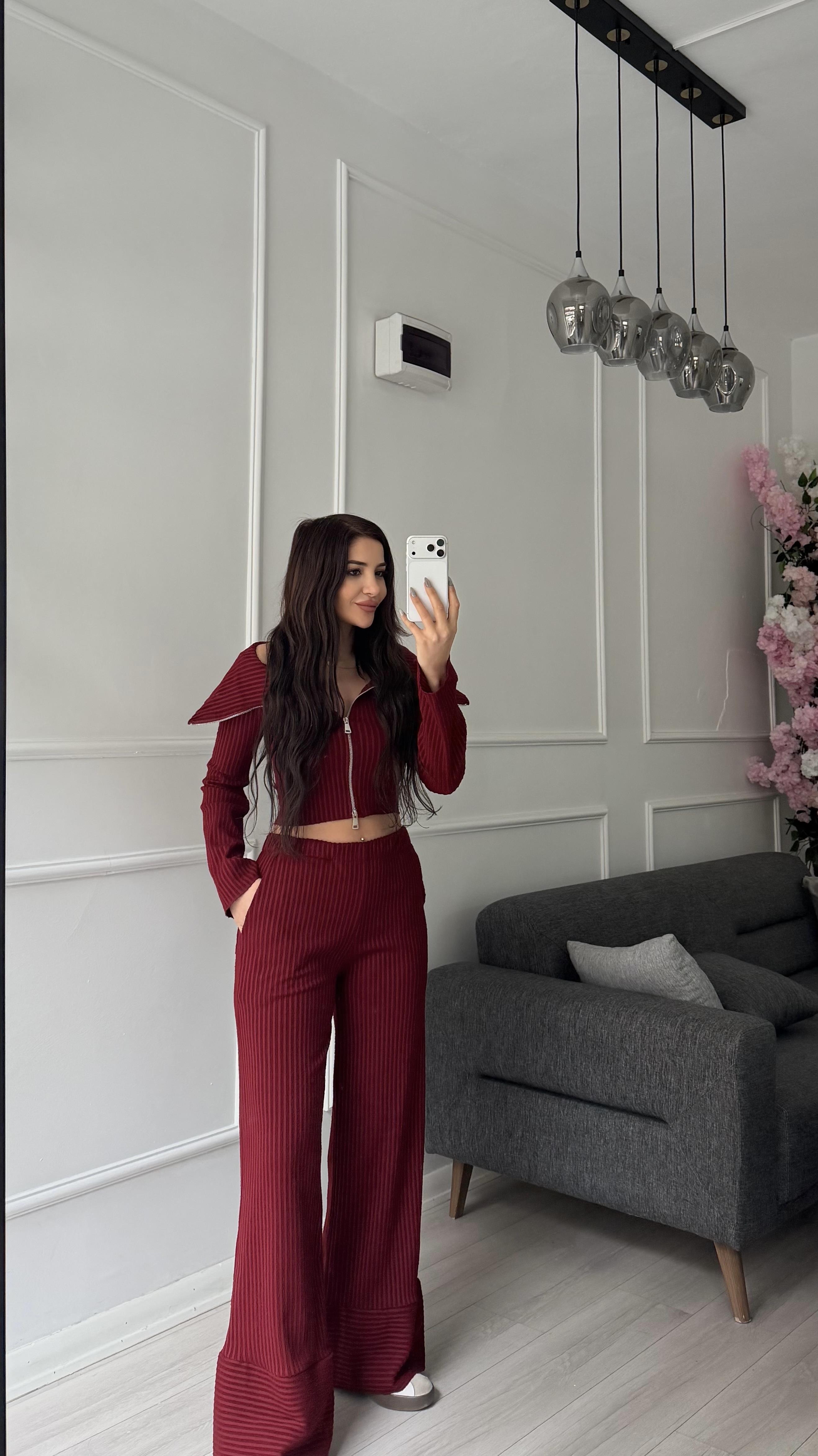 Bordo Madonna Yaka Fermuar Detaylı Pantolon Takım