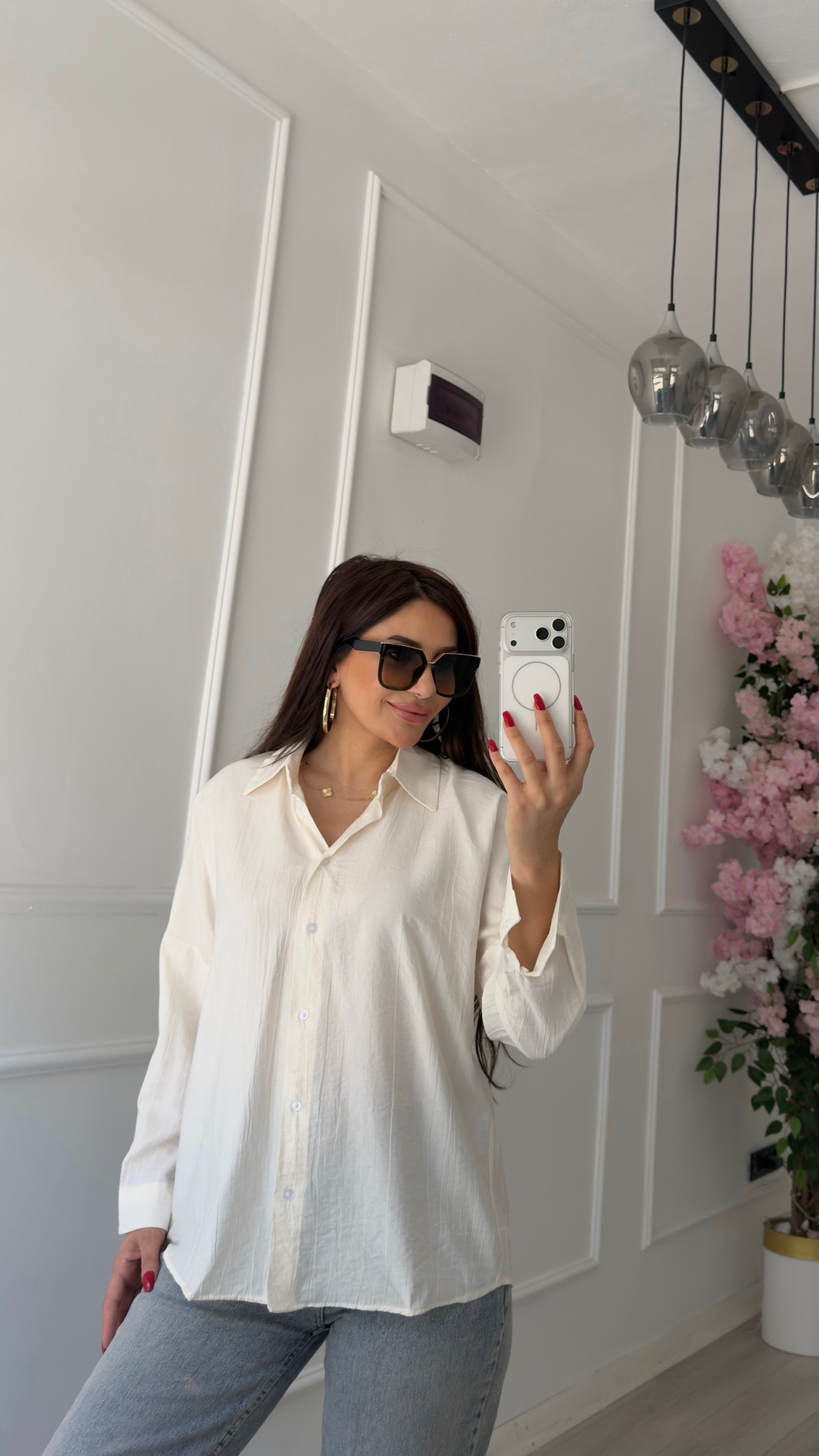 Bürümcük Dokulu Oversize Kesim Krem Gömlek