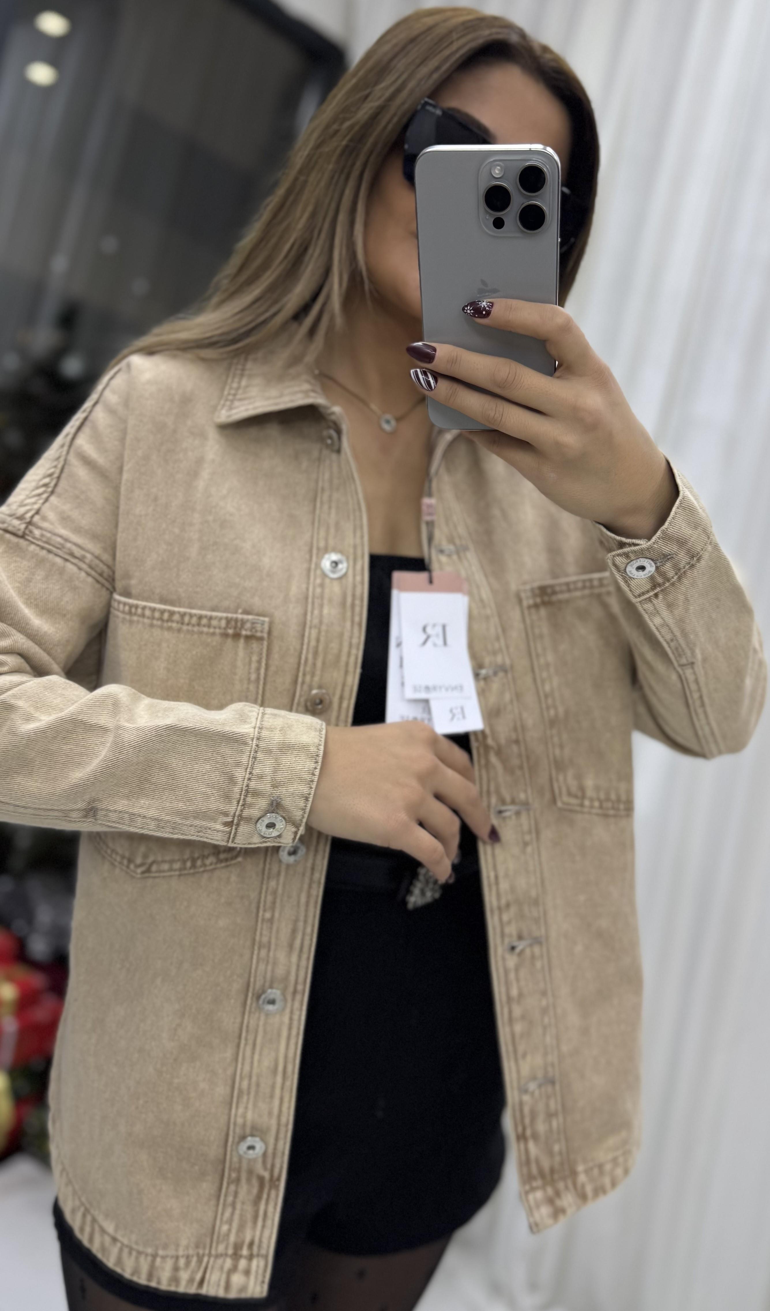 Cepli Yırtmaç Detaylı Oversize Denim-Ceket-Taba