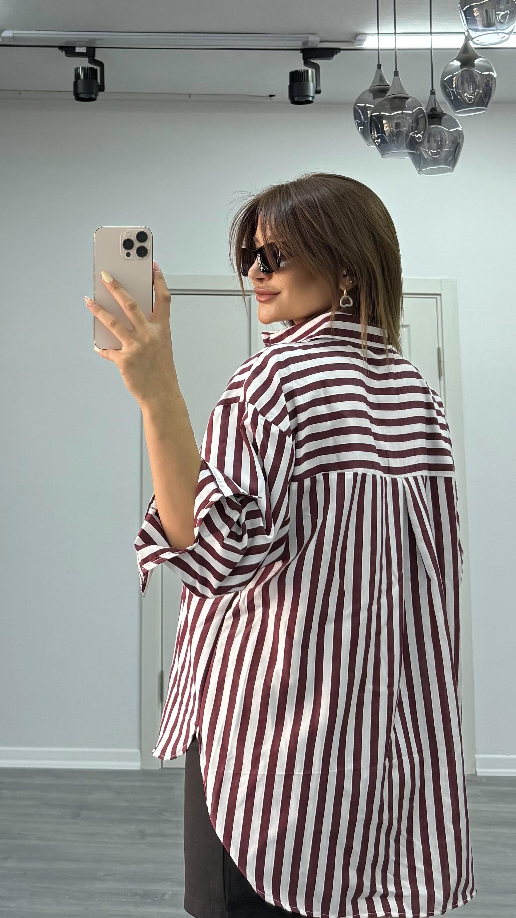 çizgili dokulu kadın oversize gömlek-Siyah