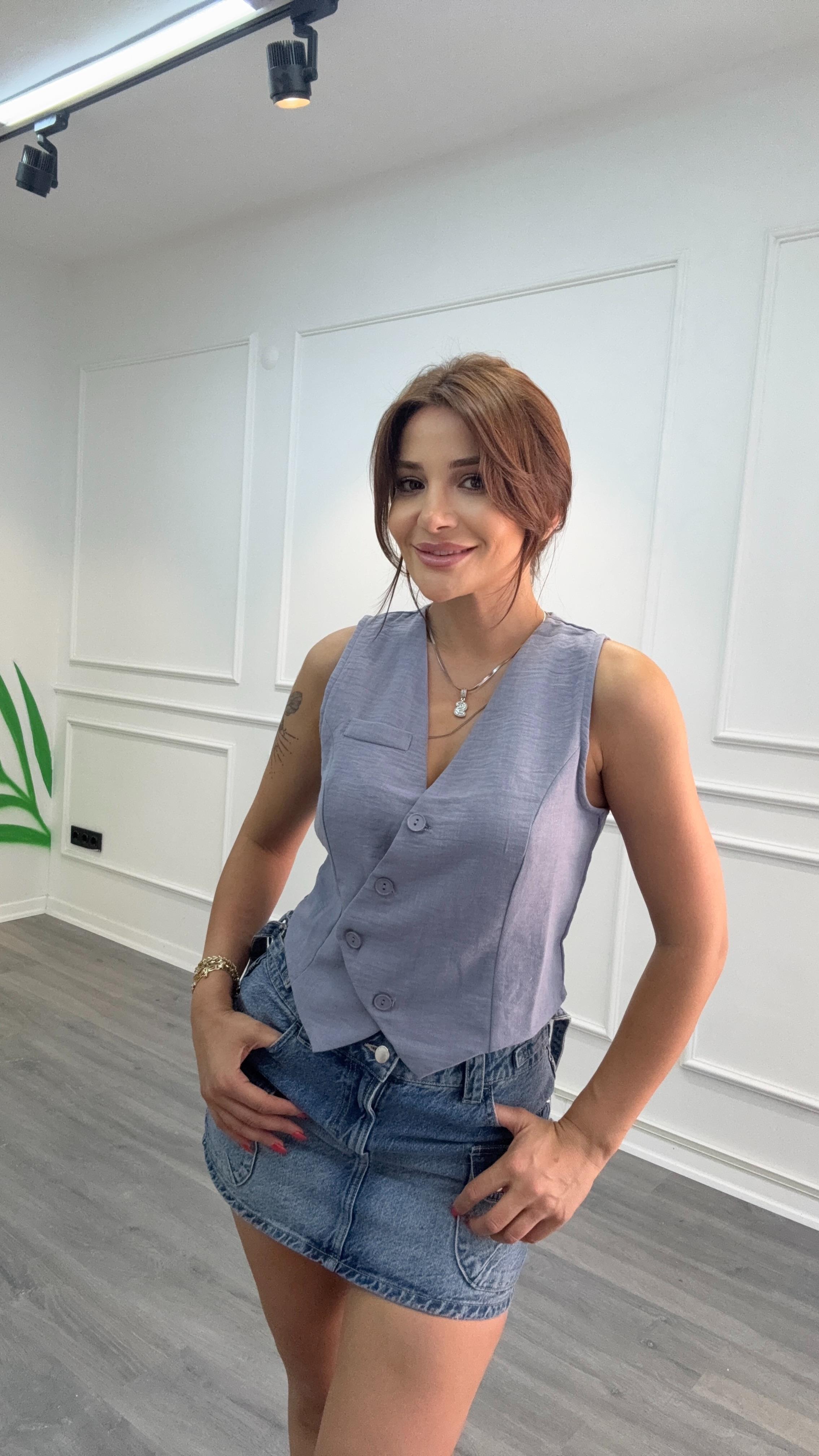 Düğmeli Keten Yelek -Gri