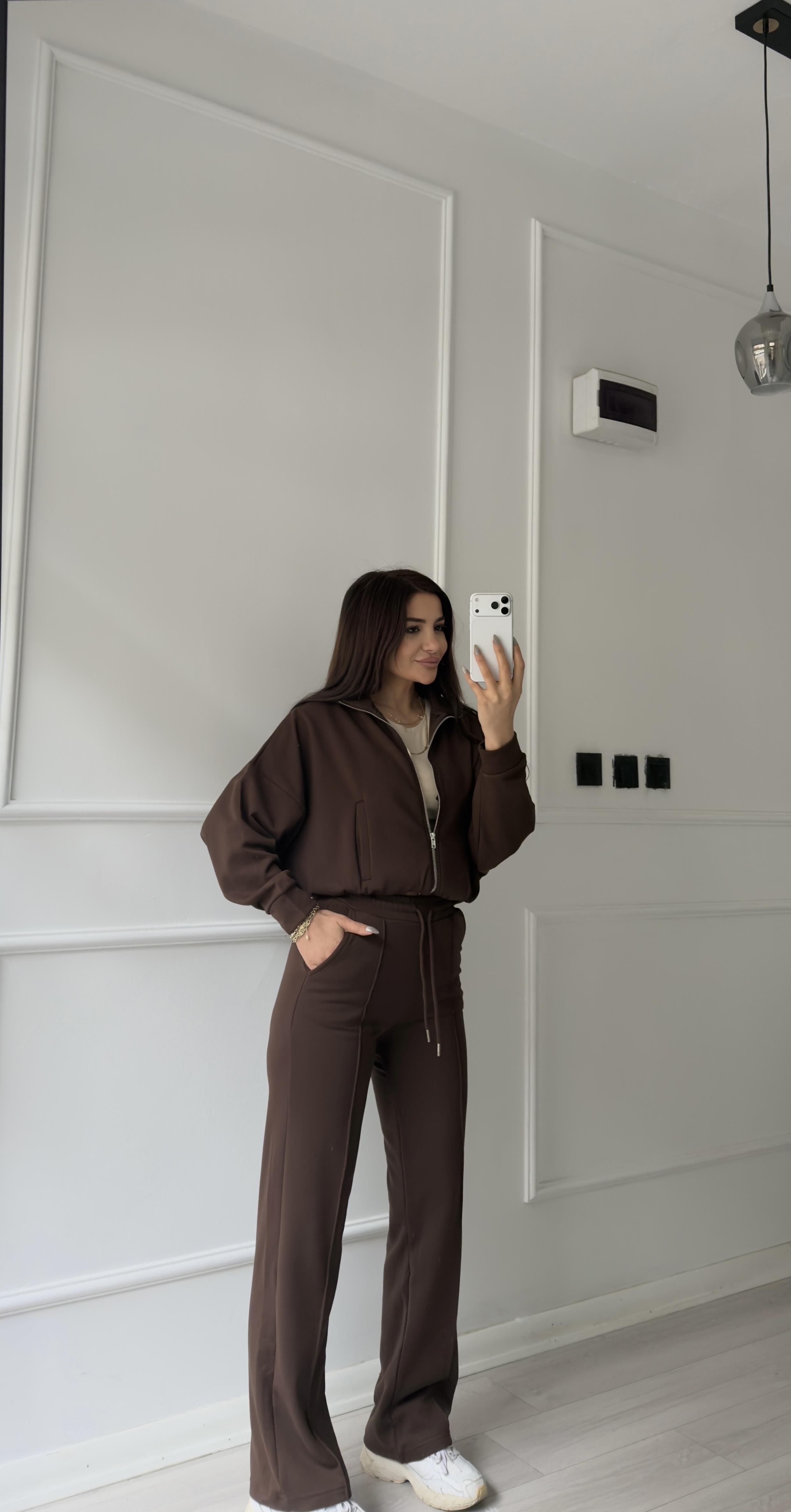 Fermuarlı Sweatshirt 2li Takım-Kahve