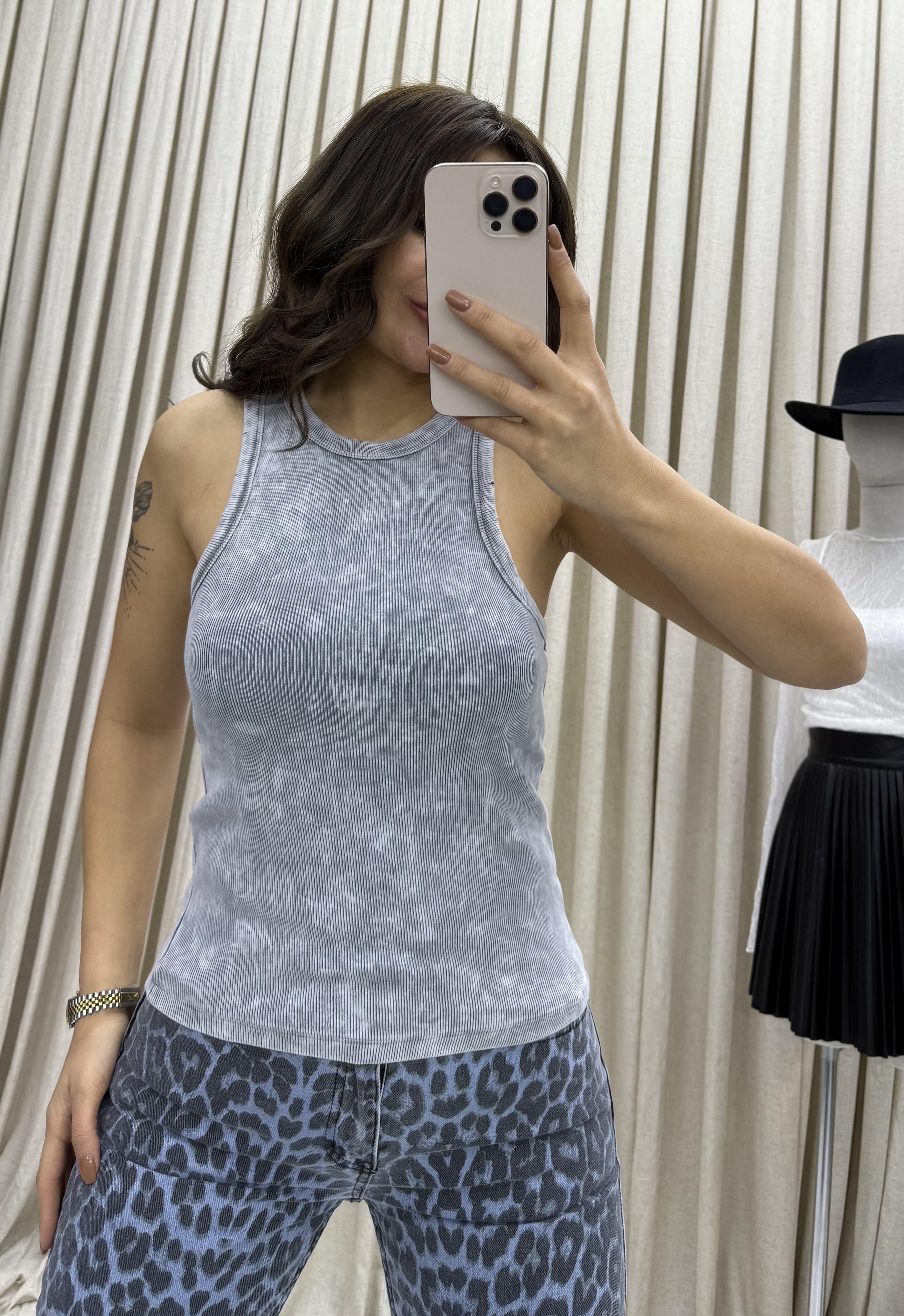 Fitilli bluz Halter Yaka Basic Soluk Efektli