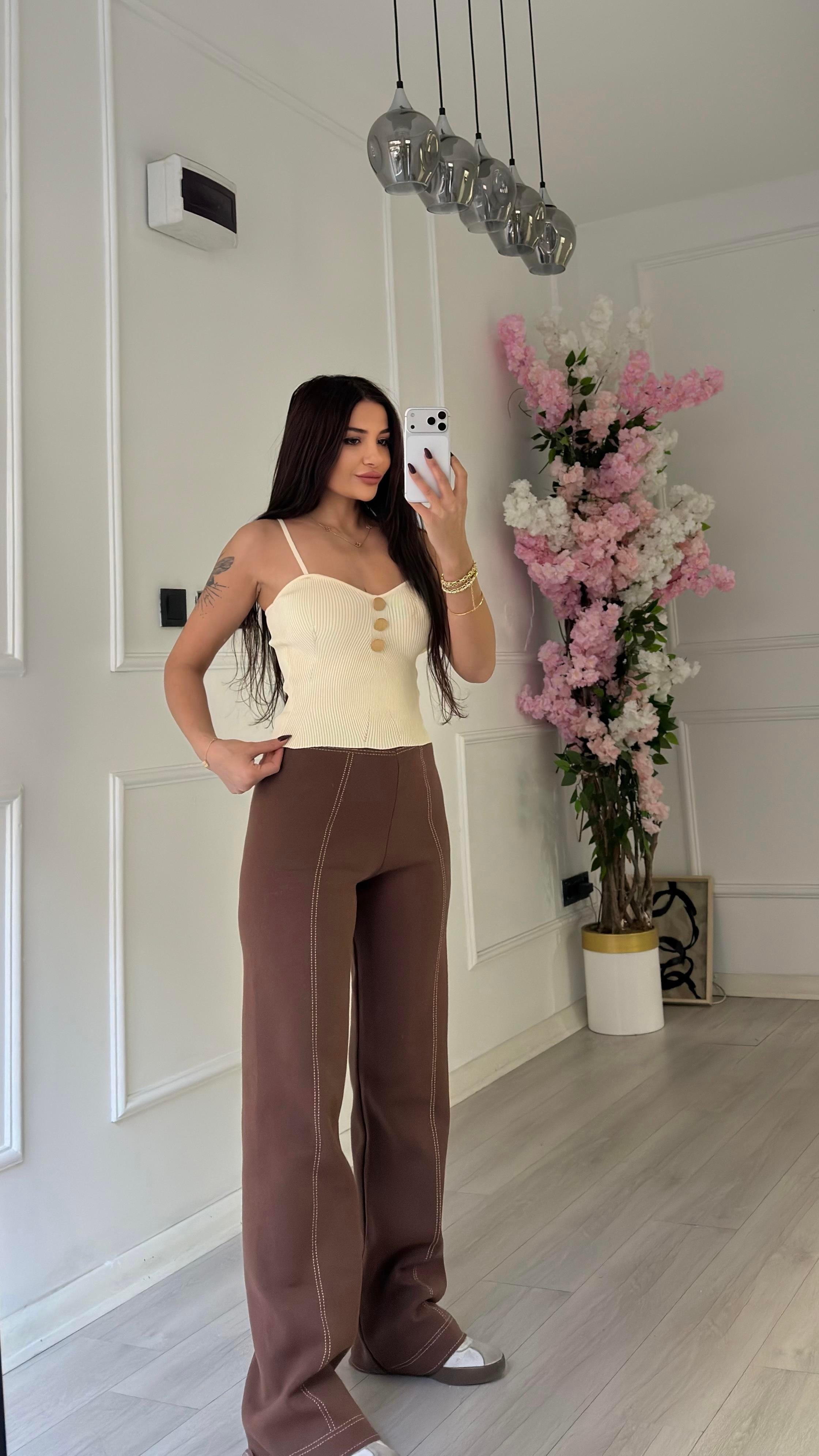 Kahve  Dikişli Geniş Paça Çelik Triko Pantolon