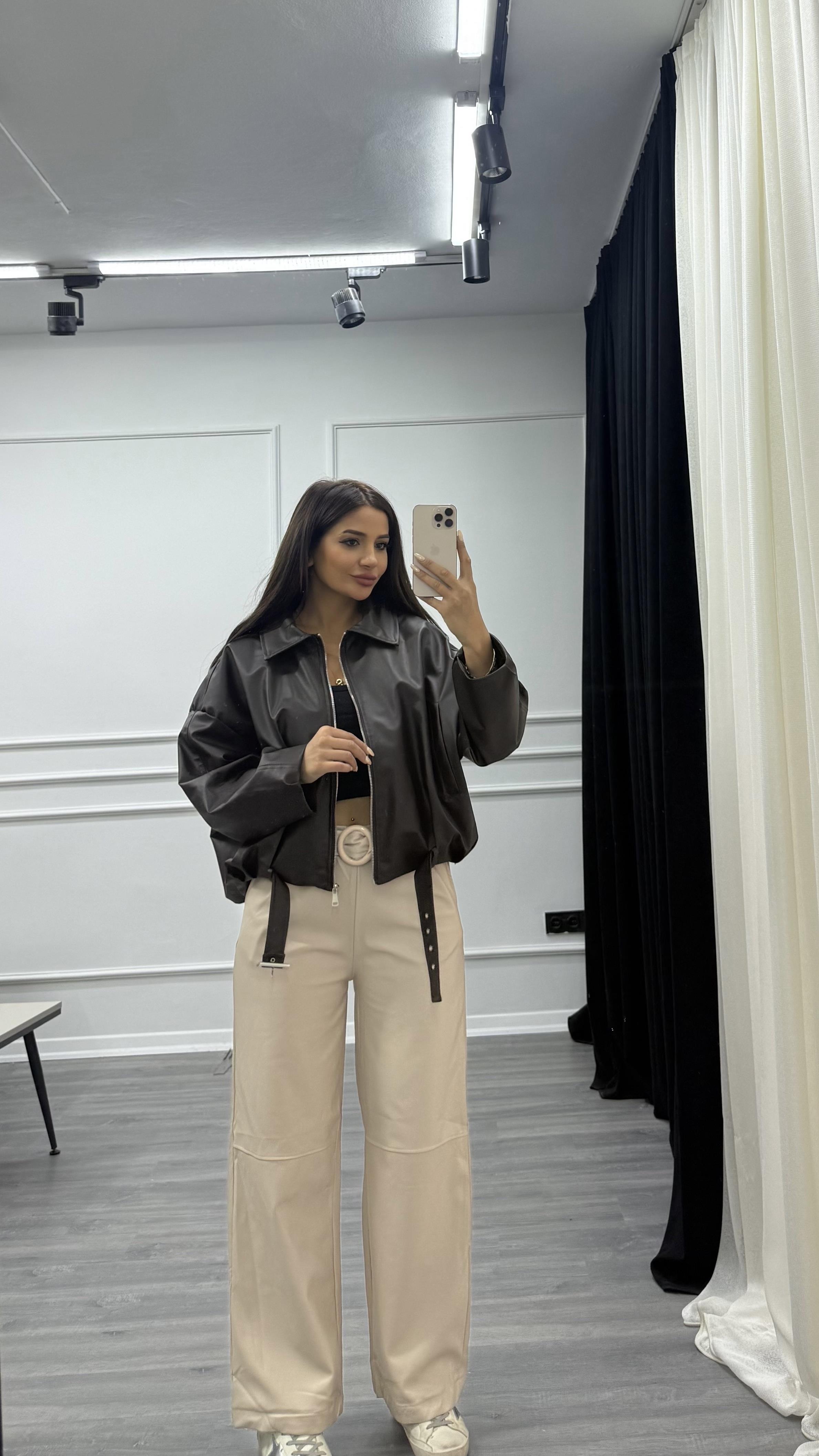 Kahverengi Beli Kemerli Bomber Oversize Deri Ceket