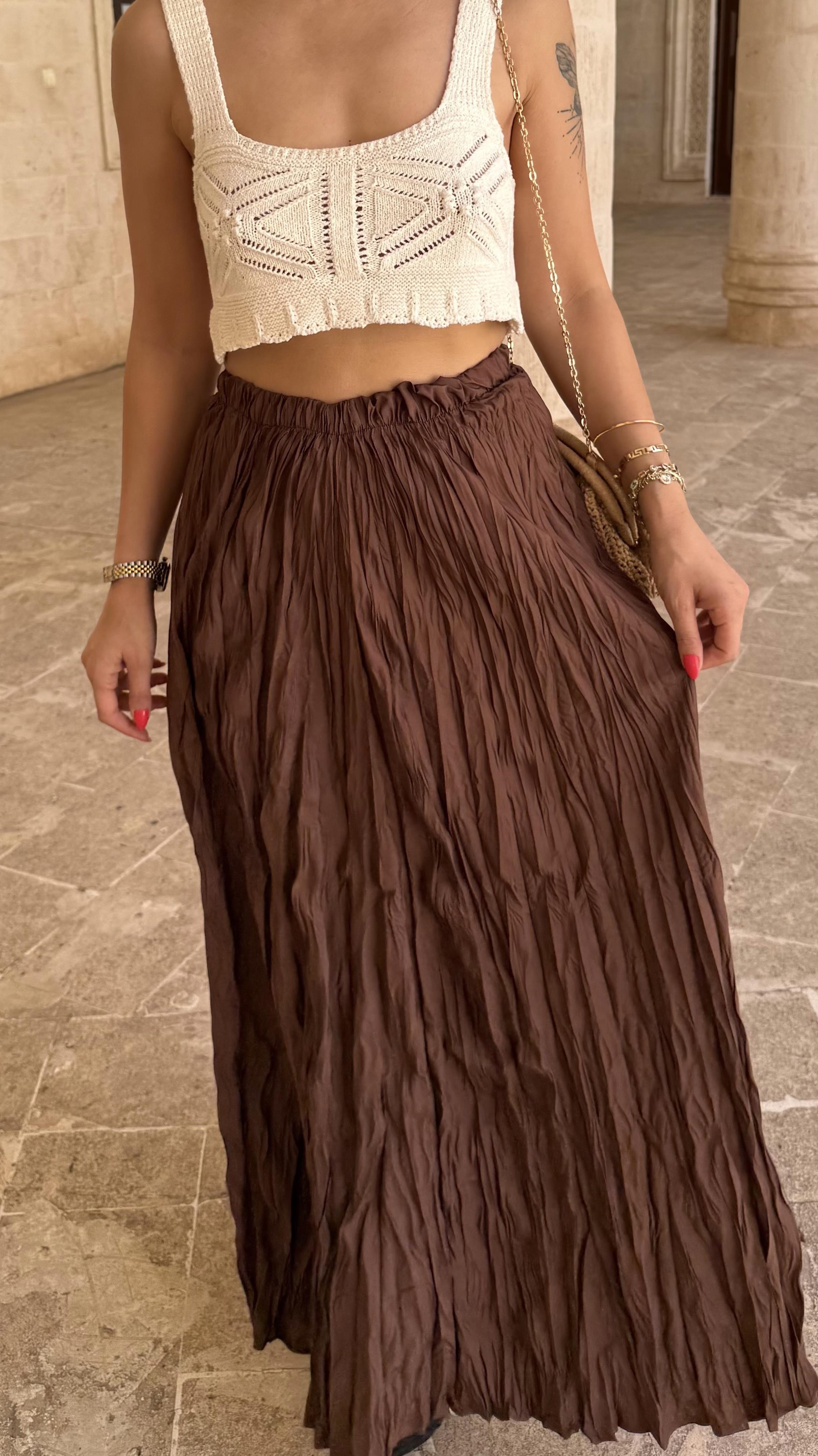 Kahverengi Kadın Beli Lastikli Crush Efektli Uzun Etek
