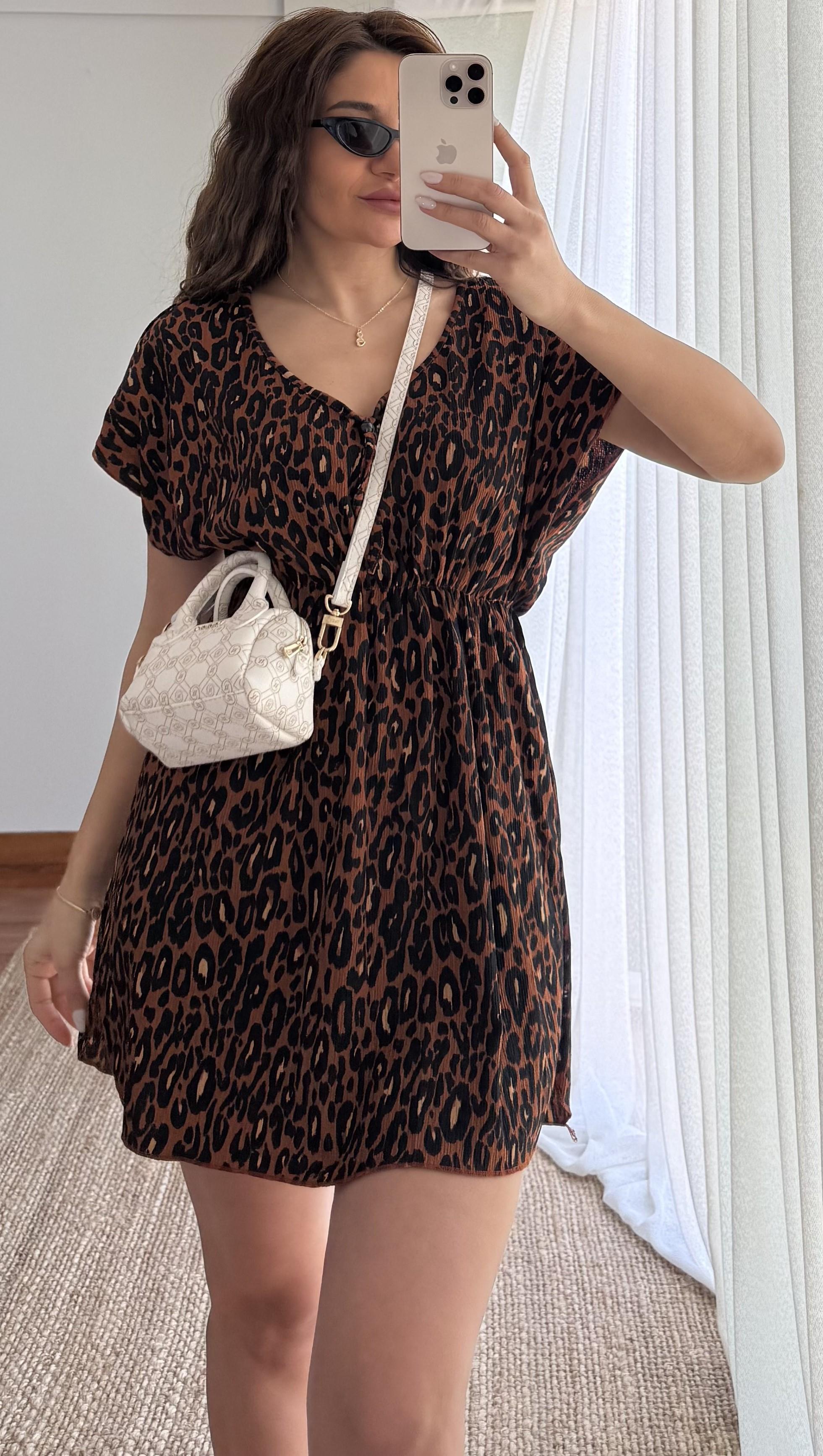 Kahverengi Leopar Desenli  Elbise