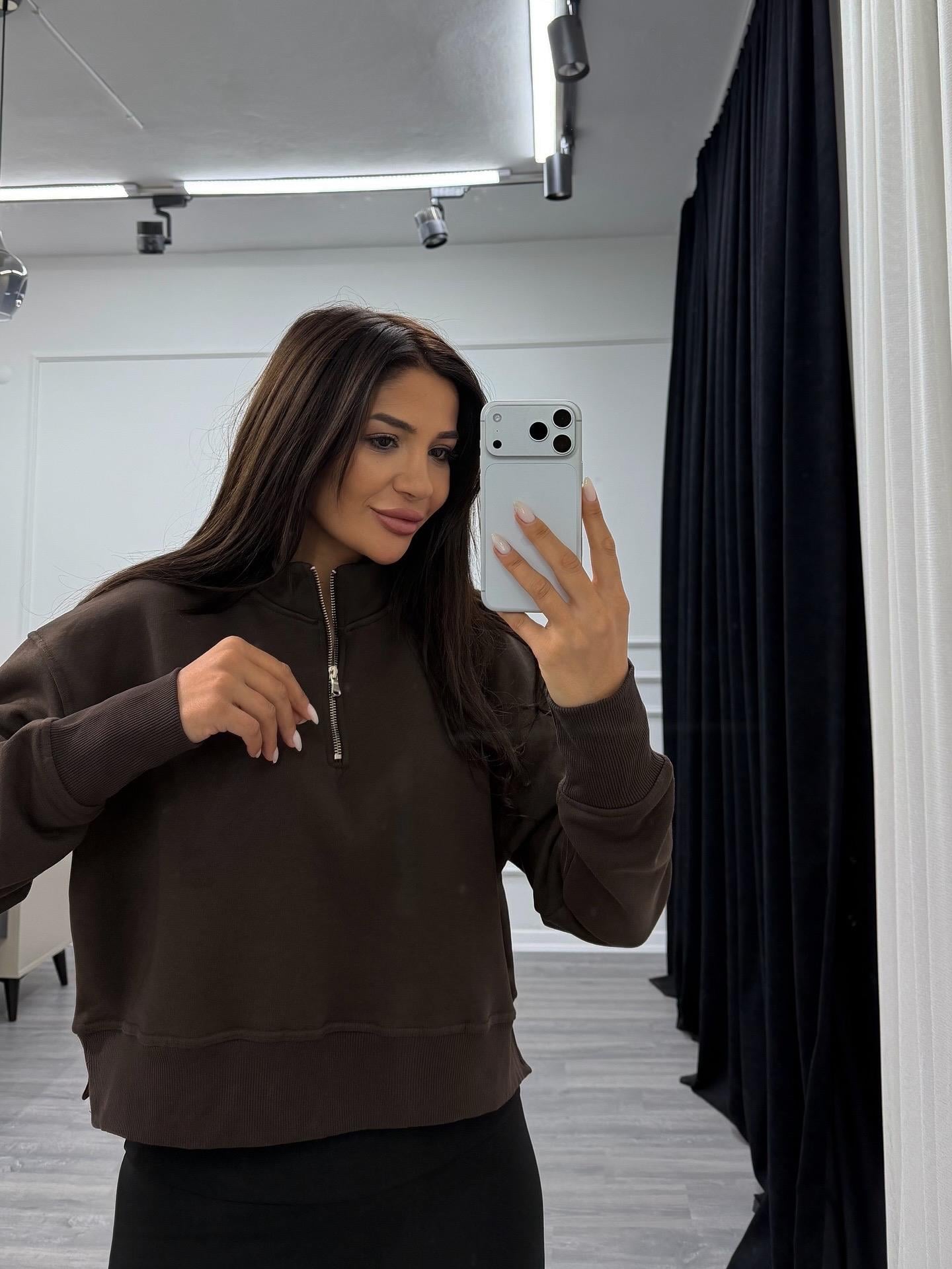 Kahverengi Yarım Fermuar Dik Yaka Sweatshirt