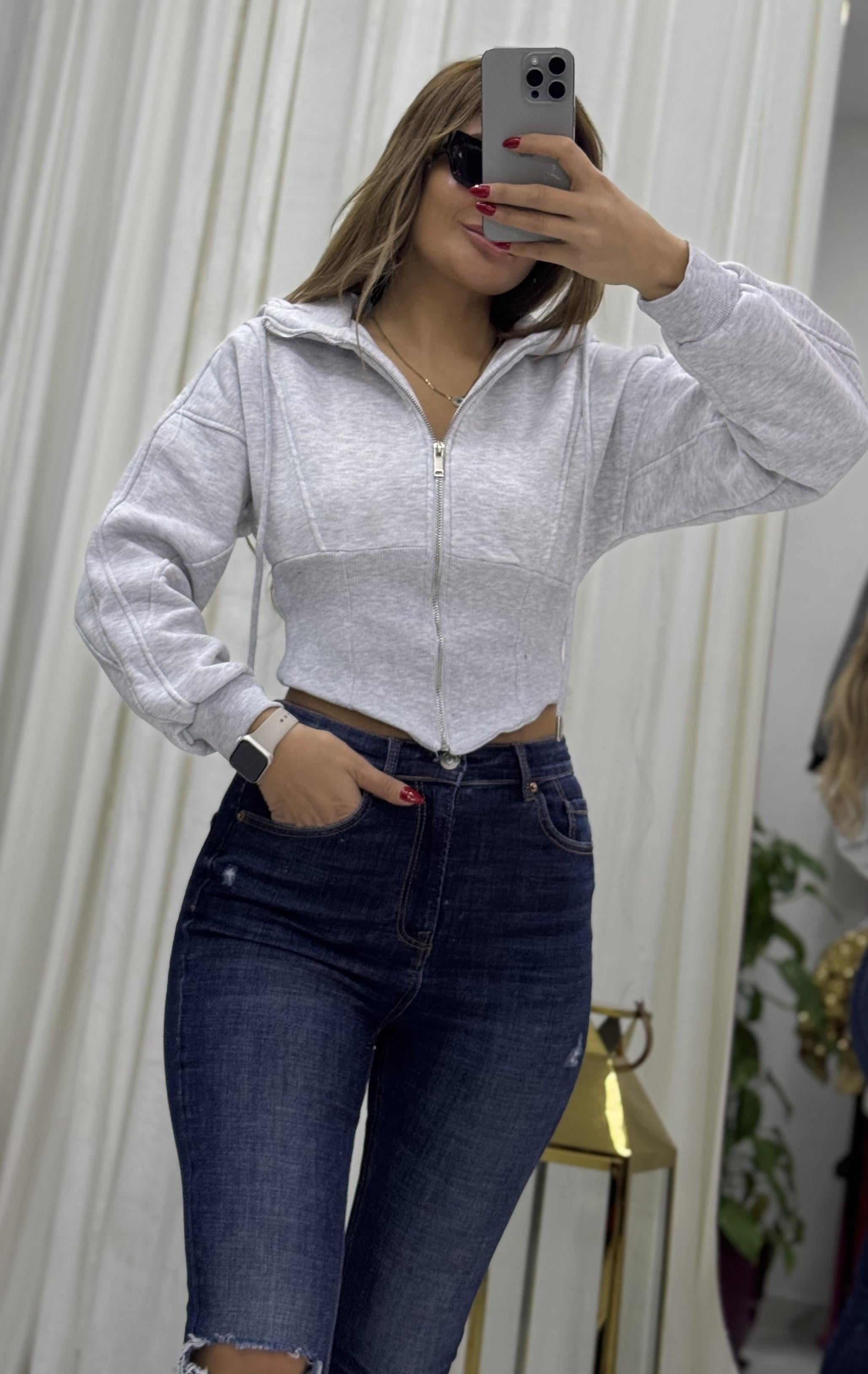 Kapşonlu Sweatshirt Fermuarlı Korse Detaylı-Gri